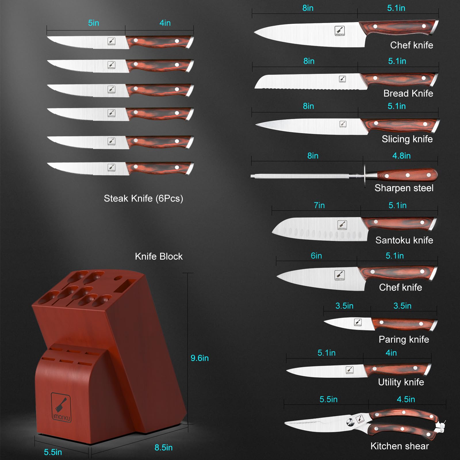 Imarku 16-Piece Japanese Kitchen Knife Set - Ultra Sharp High Carbon Stainless Steel Chef Knives with Knife Block & Sharpener - Perfect for Home Cooking, Professional Chefs & Food Preparation