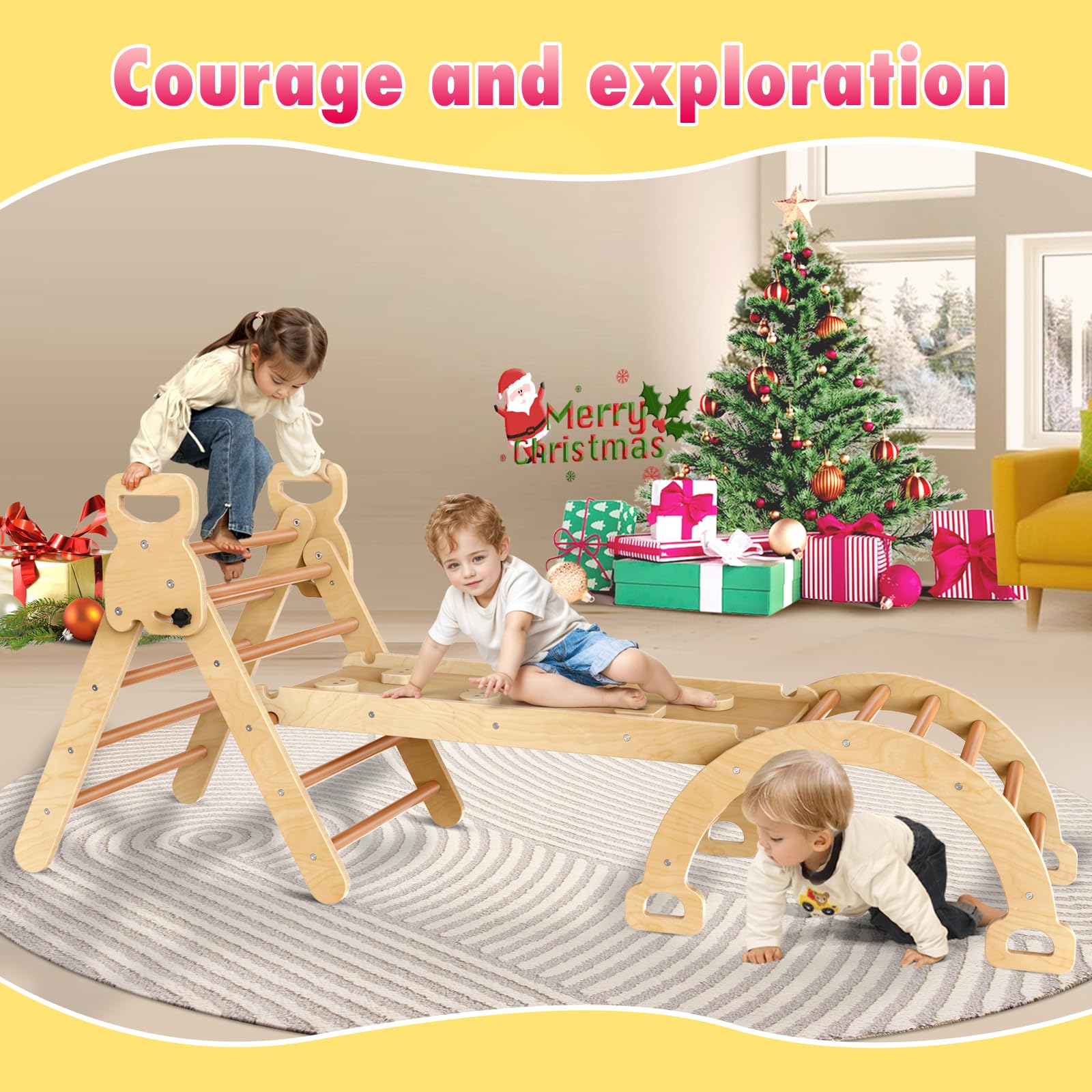 Montessori Pikler Triangle Climbing Set - Wooden Toddler Play Gym for Indoor & Outdoor - Slides & Climbing Toys for Kids Ages 1-3 - Perfect for Home Playrooms, Daycares & Backyard Adventures