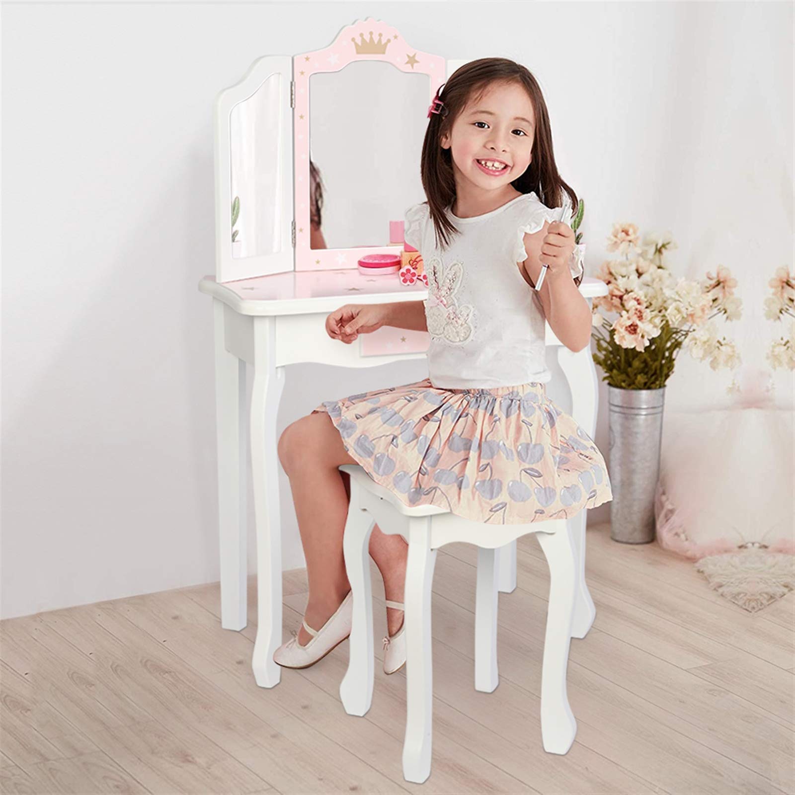 Pink Princess Vanity Set for Girls - Wooden Makeup Table & Chair with Tri-Fold Mirror & Drawers - Kids Dressing Table for Bedroom Decor (Pink Star Style) - Perfect for Birthday Gifts, Pretend Play & Room Makeover