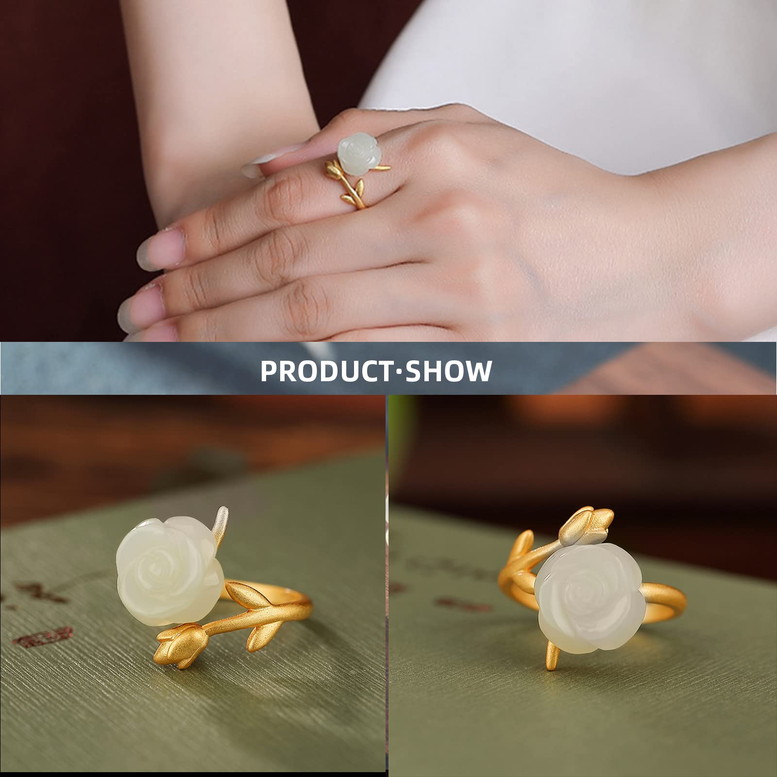 925 Sterling Silver Adjustable Open Wrap Rose Ring for Women - Gold Plated Rose Flower with Jade Gemstone, Vintage Handmade Jewelry Gift for Mom, Birthday, Anniversary & Special Occasions
