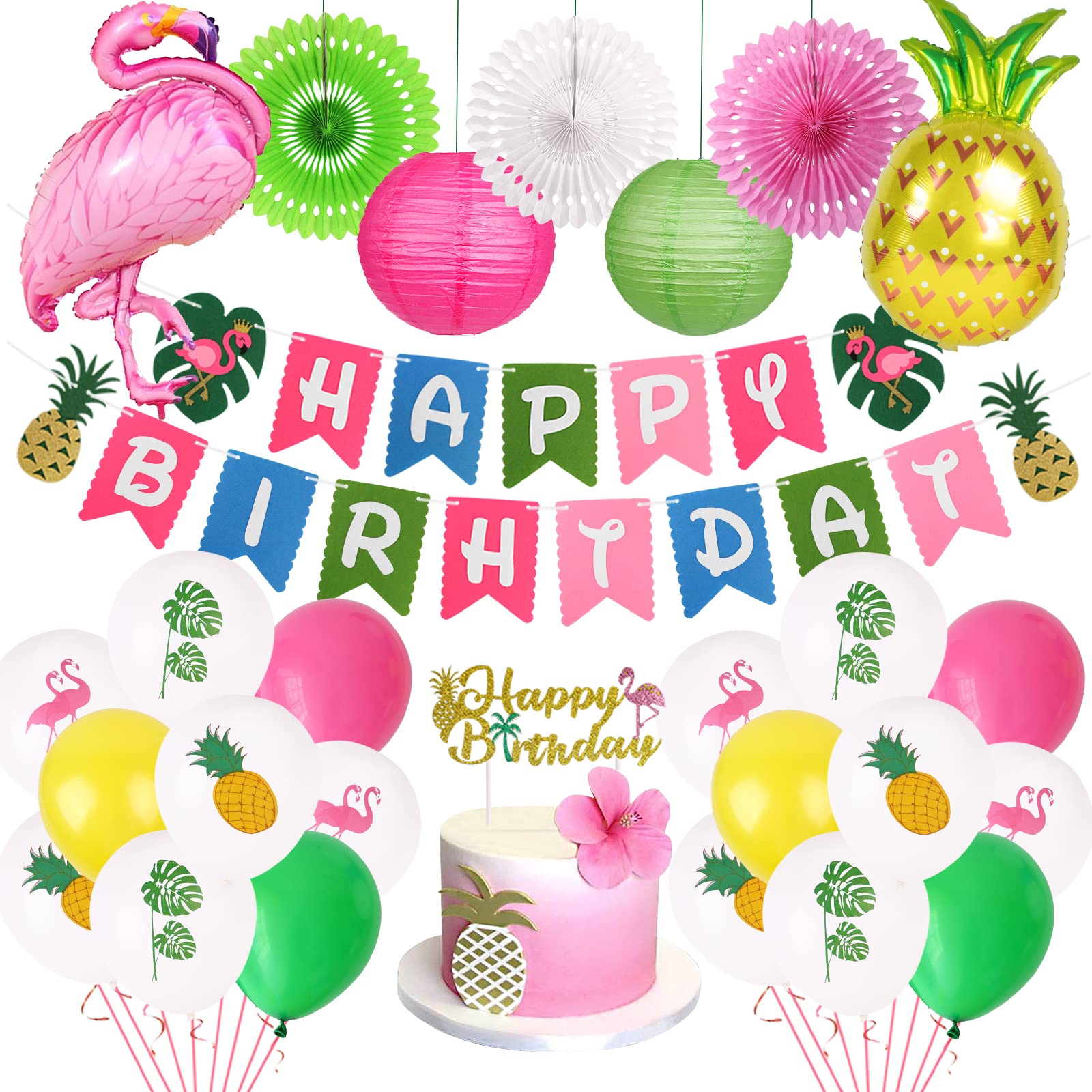 Flamingo Party Supplies & Decorations - Tropical Birthday Banners, Paper Lanterns & Balloons for Hawaiian Luau, Pool Party & Summer Themed Events