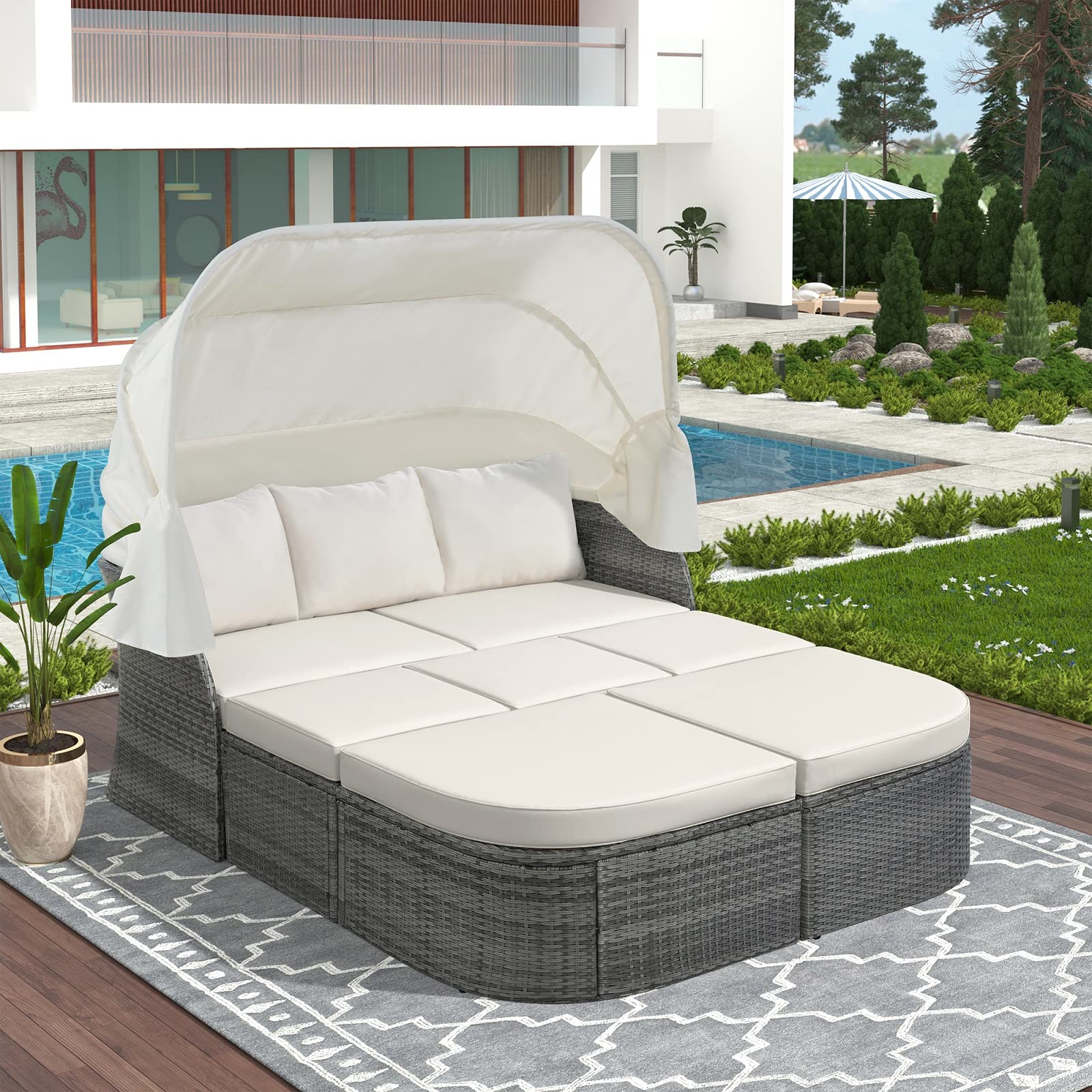 Outdoor Patio Rectangle Daybed with Retractable Canopy - Beige Wicker Rattan Sectional Sofa Set with Adjustable Height Coffee Table - Perfect for Poolside Lounging, Garden Relaxation & Backyard Conversations