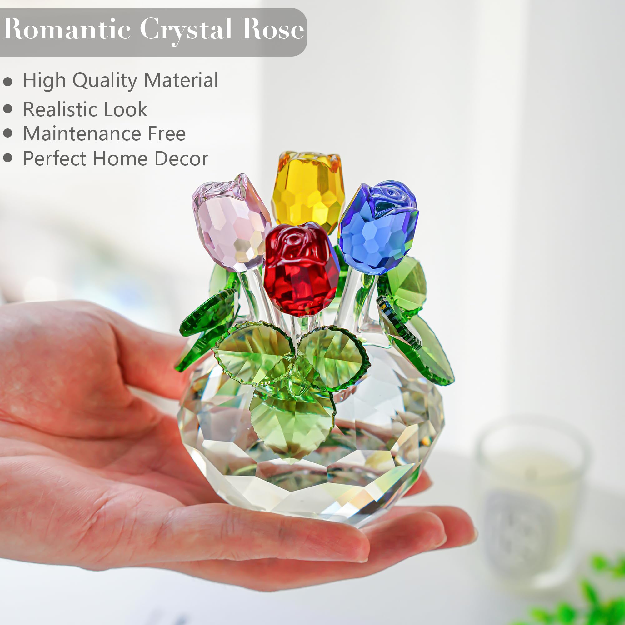 H&D HYALINE & DORA Crystal Rose Figurines - Elegant Glass Flower Bouquet Collectible for Women | Romantic Anniversary Gift with Gift Box | Perfect for Wedding Decor, Home Display & Valentine's Day Presents