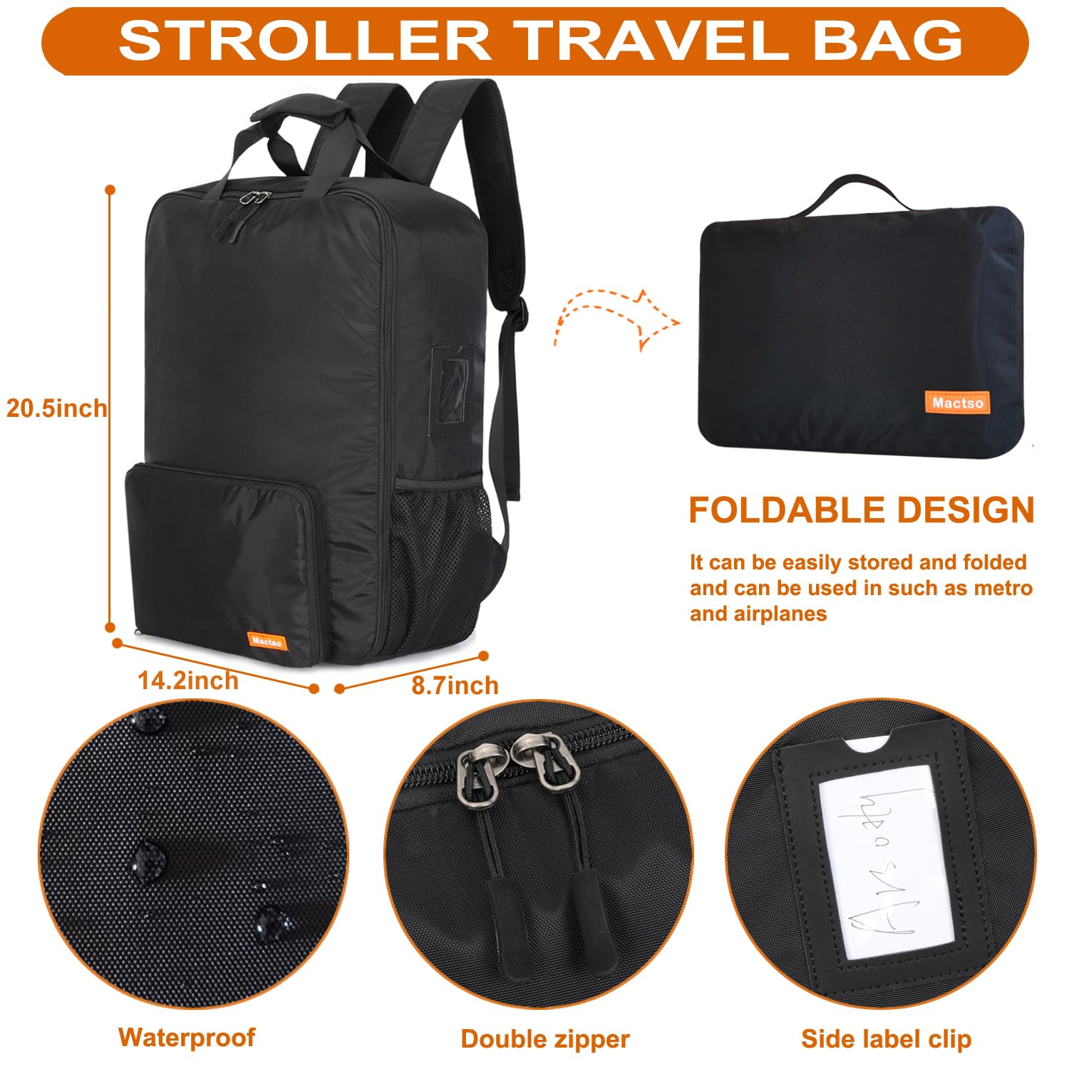Mactso Lightweight Stroller Travel Backpack - Compatible with GB Pockit Air Plus All Terrain & GB Pockit+ All City - Airplane Approved Carry-On Bag for Baby Strollers (Black, Large) | Perfect for Air Travel, Road Trips & Daily Commuting
