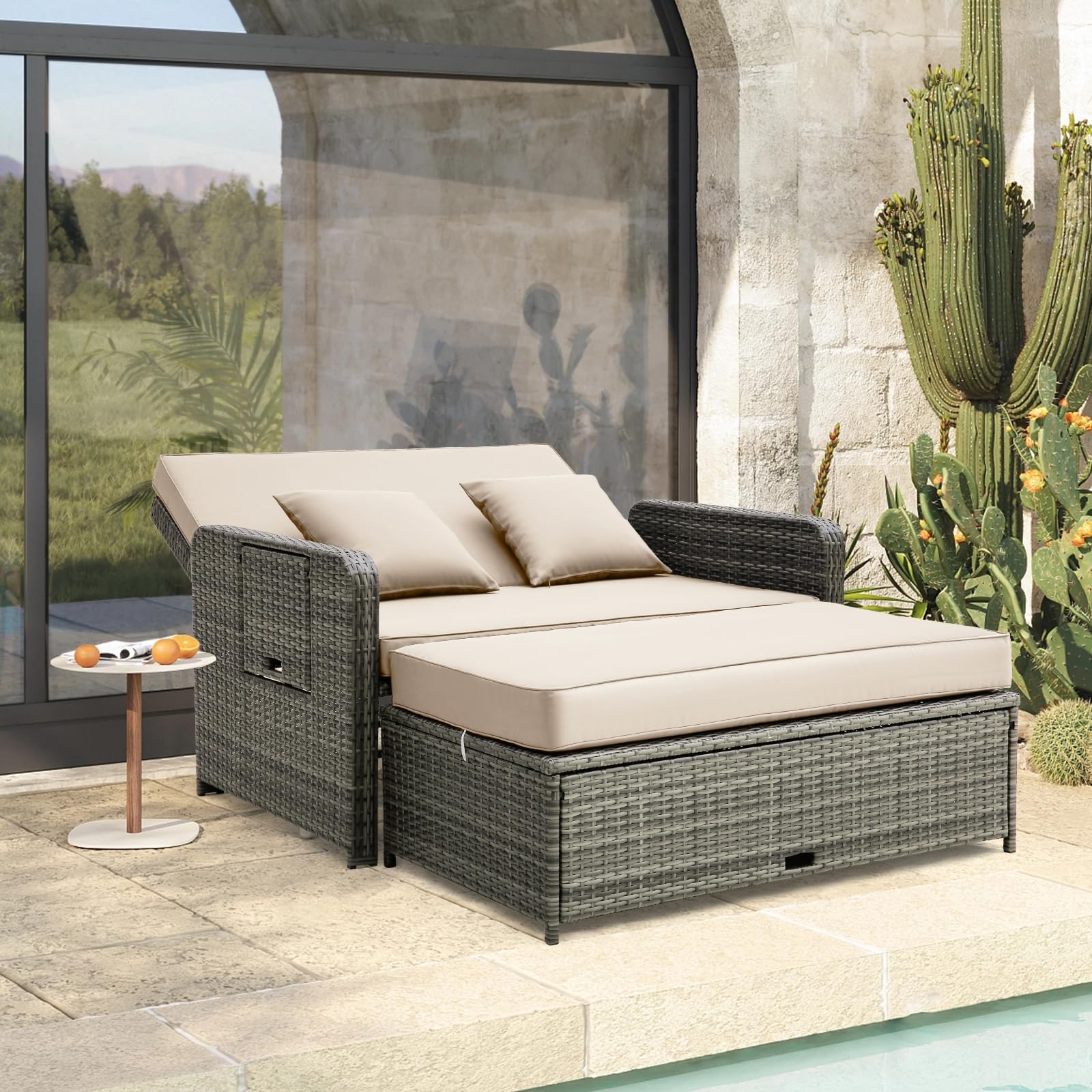 Tangkula Patio Rattan Daybed Set with Adjustable Backrest - Wicker Loveseat Sofa, Ottoman & Retractable Side Tray - Outdoor Furniture with Storage Footstool & Cushions - Perfect for Poolside, Garden or Patio Relaxation