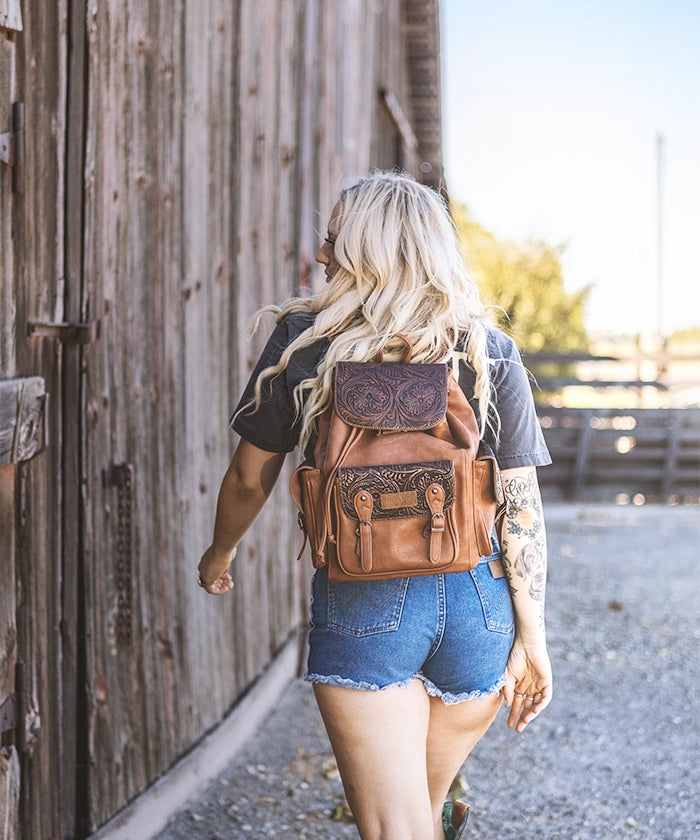 Wrangler Floral Tooled Concealed Carry Backpack for Women & Men - Tactical EDC Hiking Daypack with Hidden Gun Pocket - Perfect for Outdoor Adventures, Travel & Everyday Use