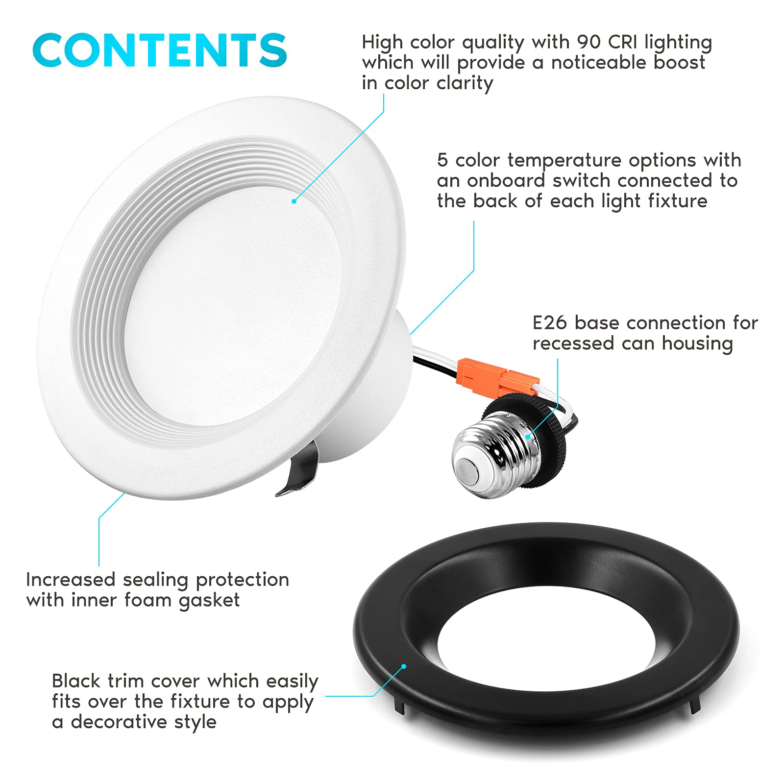 LUXRITE 4 Inch LED Recessed Can Lights - 10W (60W Equivalent) - Color Selectable 2700K-5000K - Dimmable Retrofit Downlights - 750 Lumens - Energy Star & Wet Rated - Black Trim (4 Pack) - Perfect for Kitchens, Bathrooms & Living Rooms