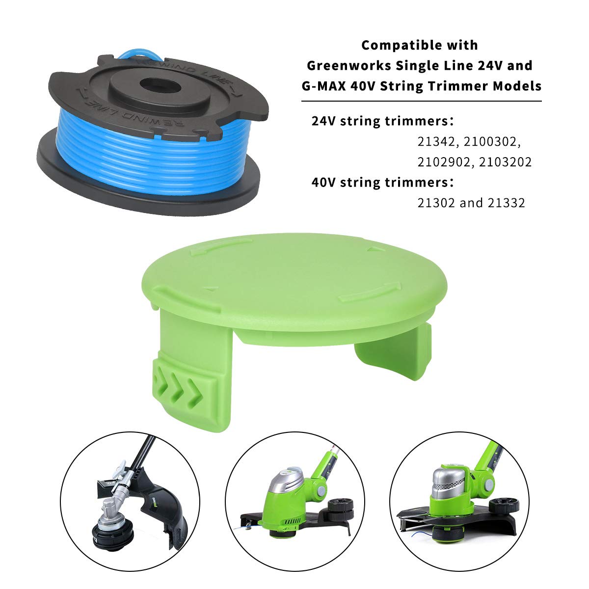 Greenworks Trimmer Spool Line Replacement - 10 Pack Auto-Feed Single Line Trimmer Spools with Cap for Lawn Care & Yard Maintenance