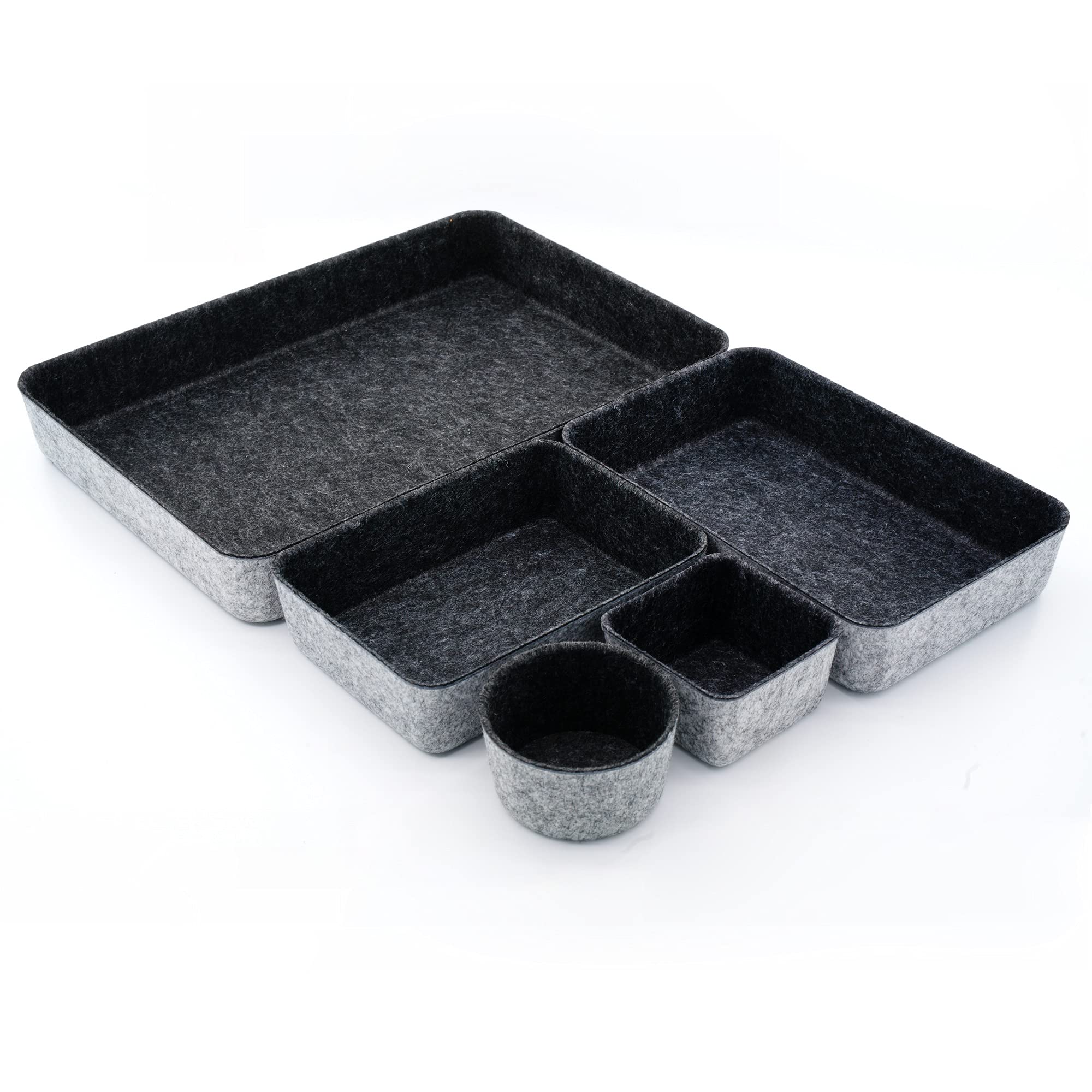 WELAXY 5-Piece Felt Desk Drawer Organizer Set - Round Storage Bins for Office Supplies, Paper, Letters, Documents, Magazines - Charcoal | Perfect for Home Office, Study Room & Workspace Organization