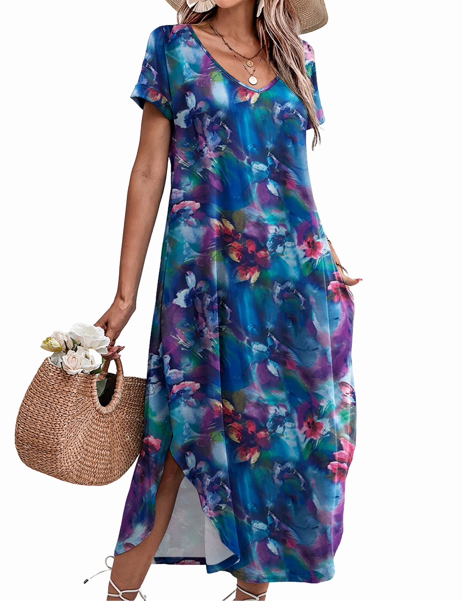 Ekouaer Women's V-Neck Short Sleeve Nightgown - Soft Sleepwear with Side Split Pockets, Sizes S-3XL - Perfect for Relaxing at Home, Lounging & Comfortable Sleep
