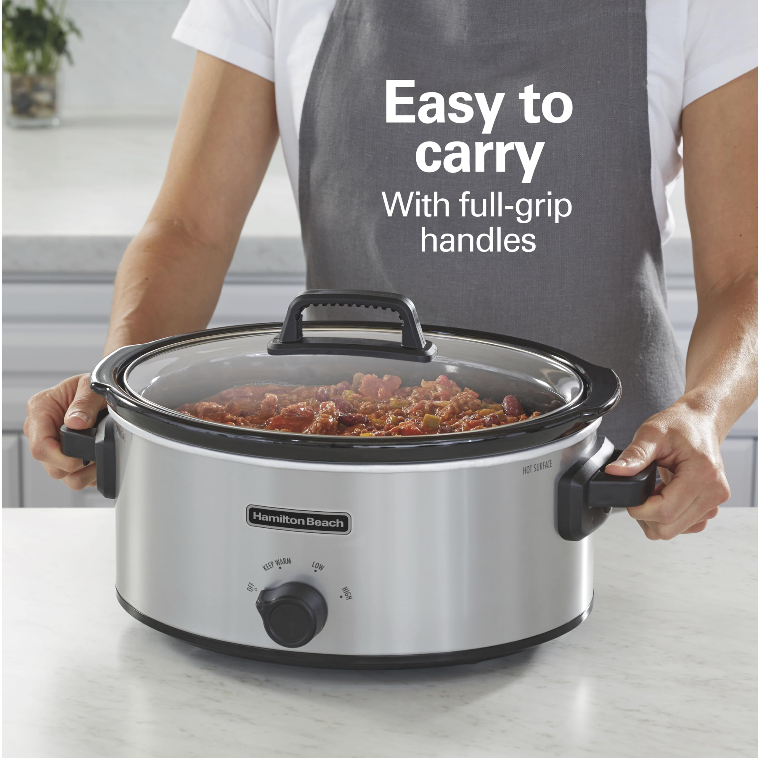 Hamilton Beach 6-Quart Slow Cooker with 3 Cooking Settings - Dishwasher-Safe Stoneware Crock & Glass Lid - Silver (33665G) - Perfect for Family Dinners, Potlucks & Meal Prep