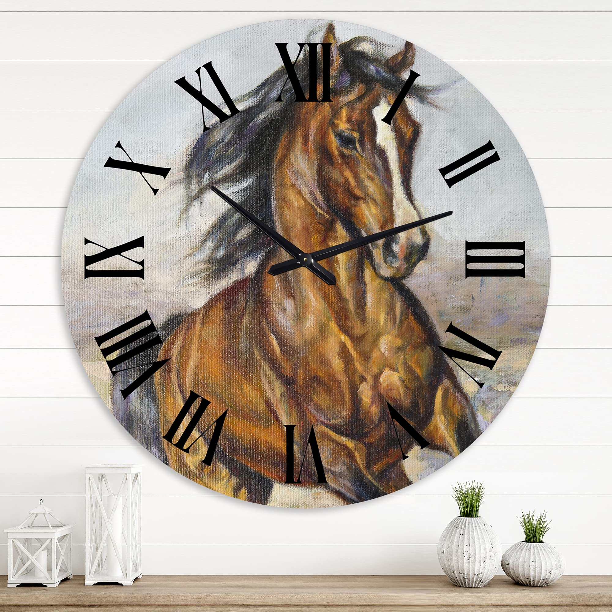 DesignQ Farmhouse Wall Clock - 'Portrait of A Horse in The Race' Large Animal Wall Art for Living Room, Kitchen, Office Decor | Rustic Home Décor & Unique Gift Idea