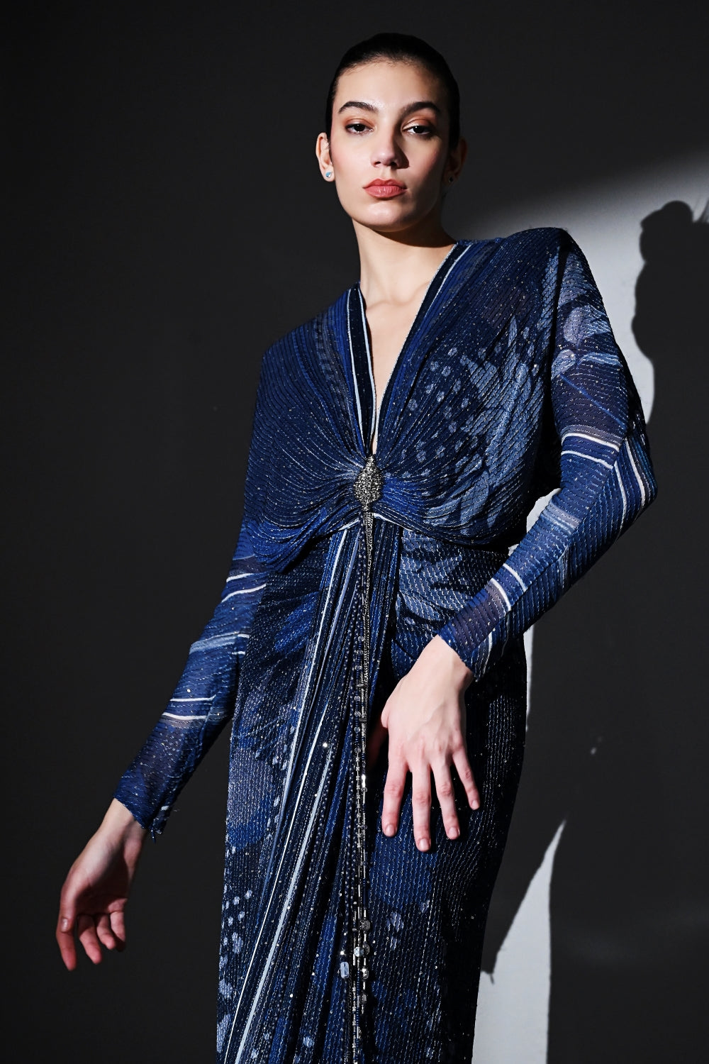 Elegant Midnight Star Draped Dress for Women - Formal Evening Gown for Parties, Prom, and Special Occasions