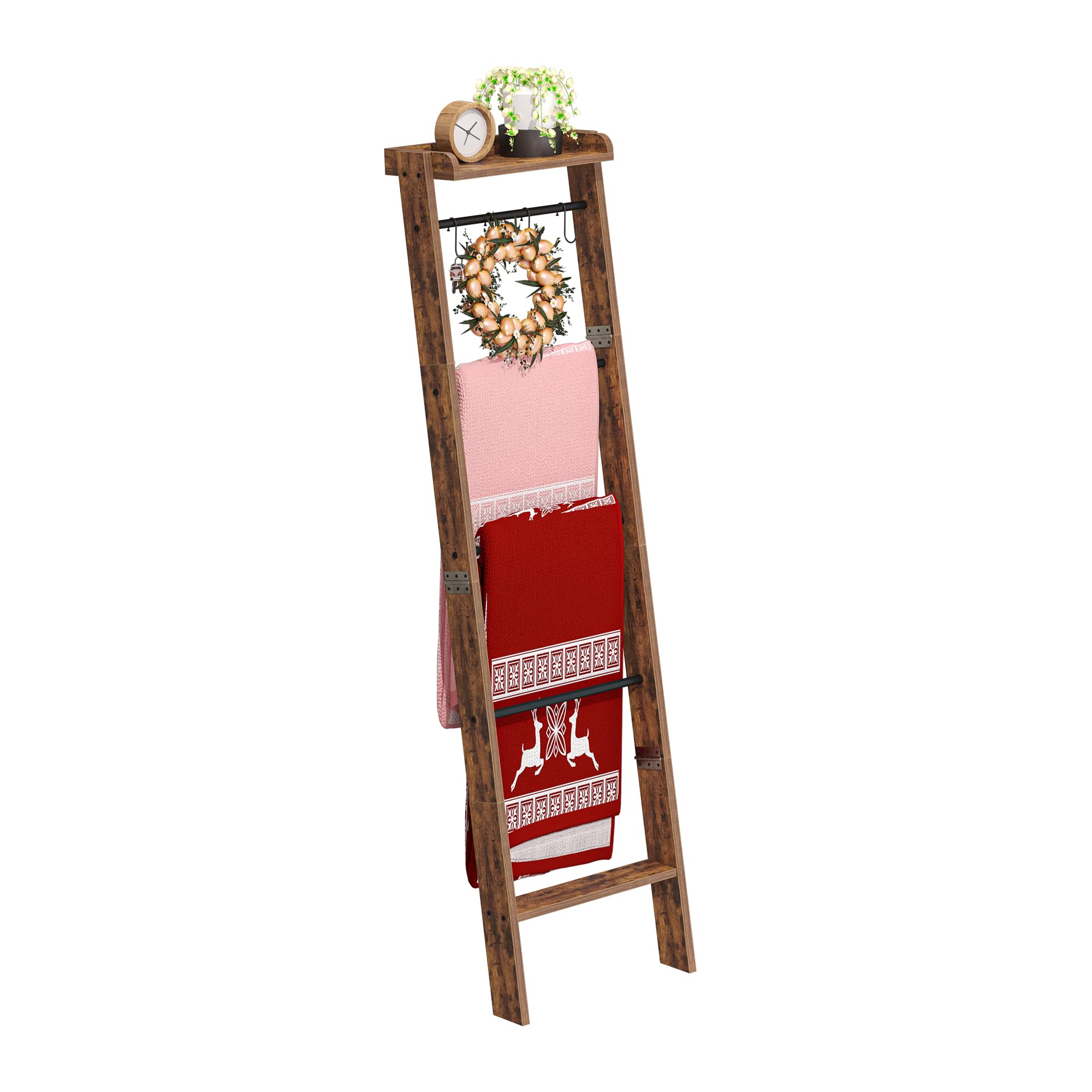 6-Tier Farmhouse Blanket Ladder Shelf - Rustic Brown & Black Storage Organizer with 4 Removable Hooks | Decorative Quilt Rack for Living Room, Bedroom & Home Decor | Perfect for Blanket Display, Towel Storage & Cozy Farmhouse Style