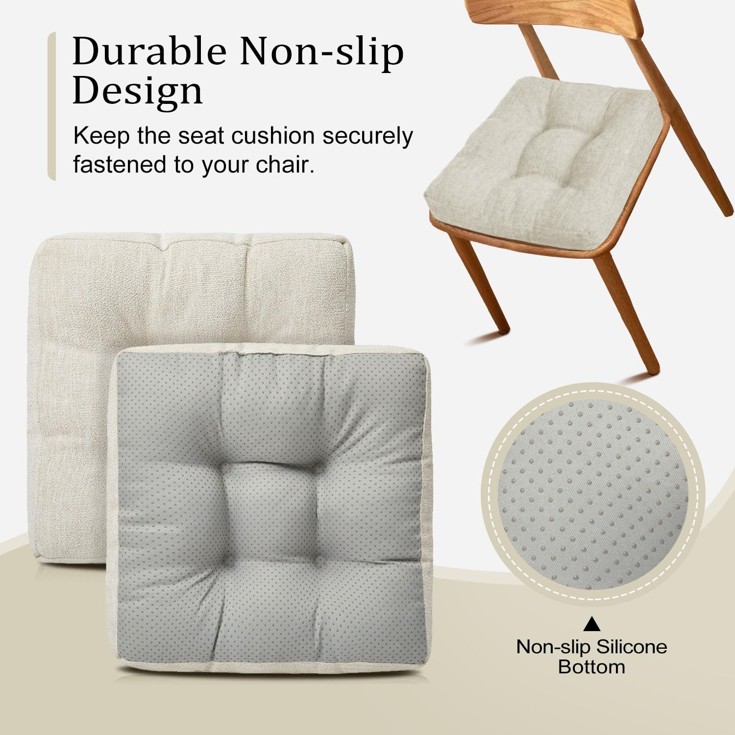 Premium Tufted Dining Chair Cushions Set of 4 - Non-Slip Kitchen Chair Pads 16x16 Inch Beige - Comfortable Seat Cushions for Dining Room, Breakfast Nook, and Kitchen Table