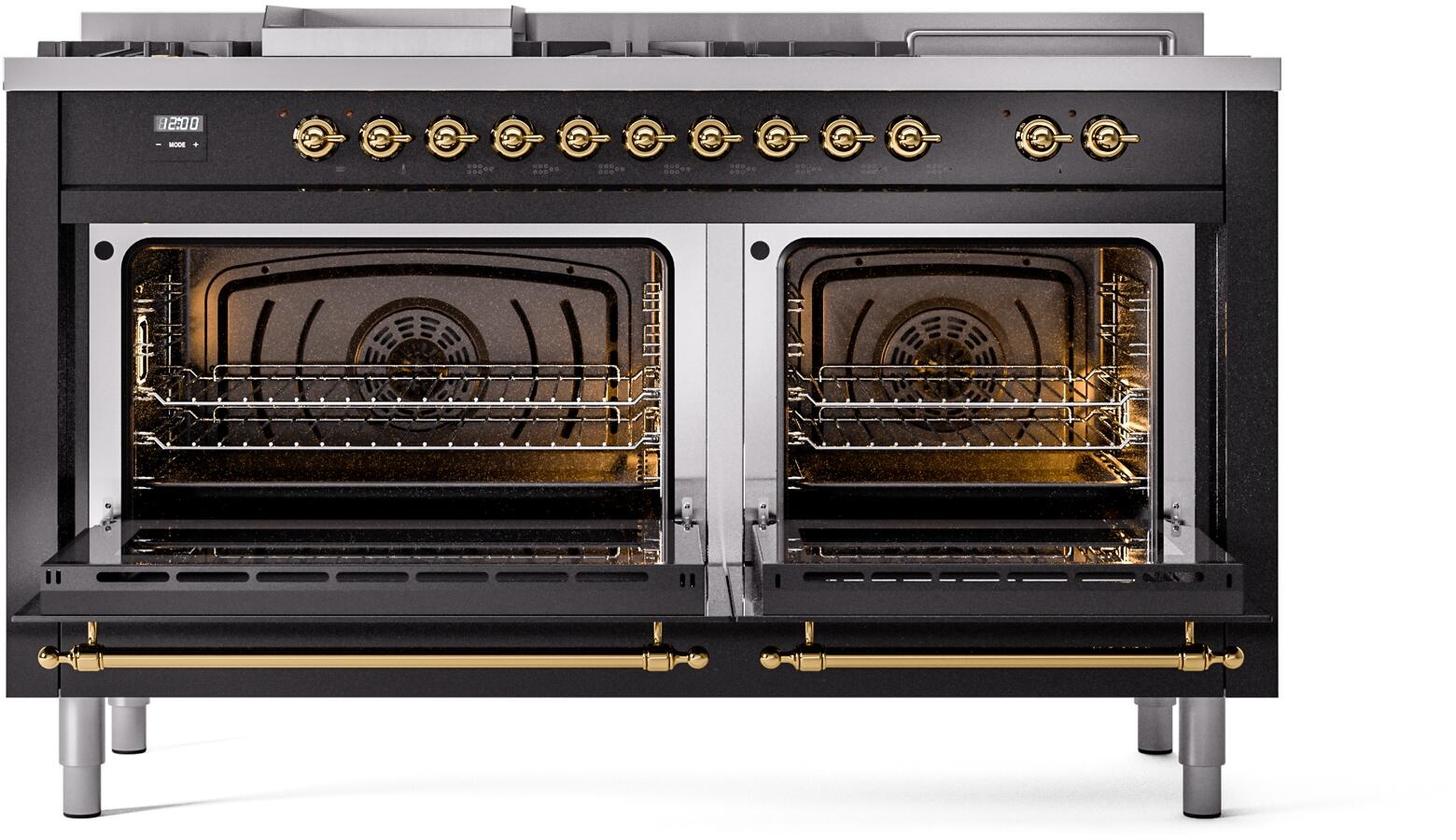 ILVE Nostalgie II 60-Inch Dual Fuel Range with Liquid Propane - Glossy Black & Brass Trim (UP60FSNMPBKGLP) - Perfect for Gourmet Kitchens & Italian-Inspired Cooking