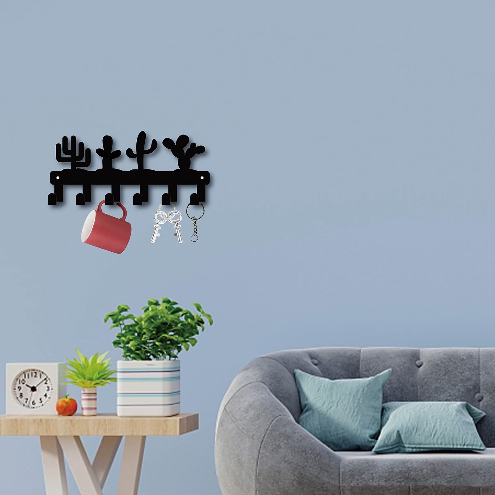 GORGECRAFT Cast Iron Wall Mount Key Holder with 6 Hooks - Cactus Plant Theme Coat Rack for Keys, Jewelry, Hats, Backpacks, Towels & Pet Leash - Decorative Wall Organizer for Entryway, Bedroom & Bathroom - Black