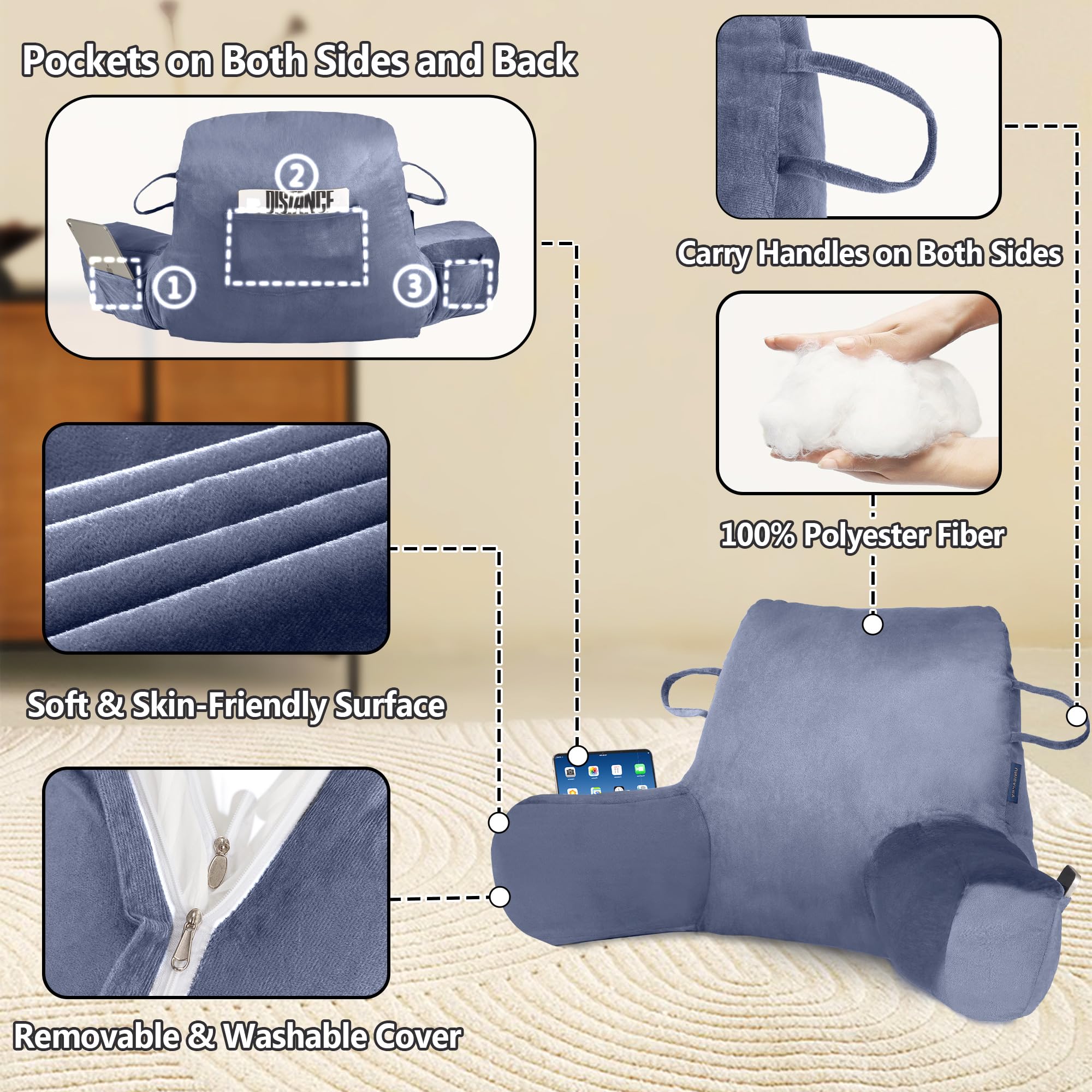 Portable Comfort Reading Pillow for Adults - Blue Bed Pillow with Arms & Storage Pockets, Elastic Sponge & Washable Cover - Perfect for Reading, Watching TV, Gaming & Relaxing in Bed or on the Couch