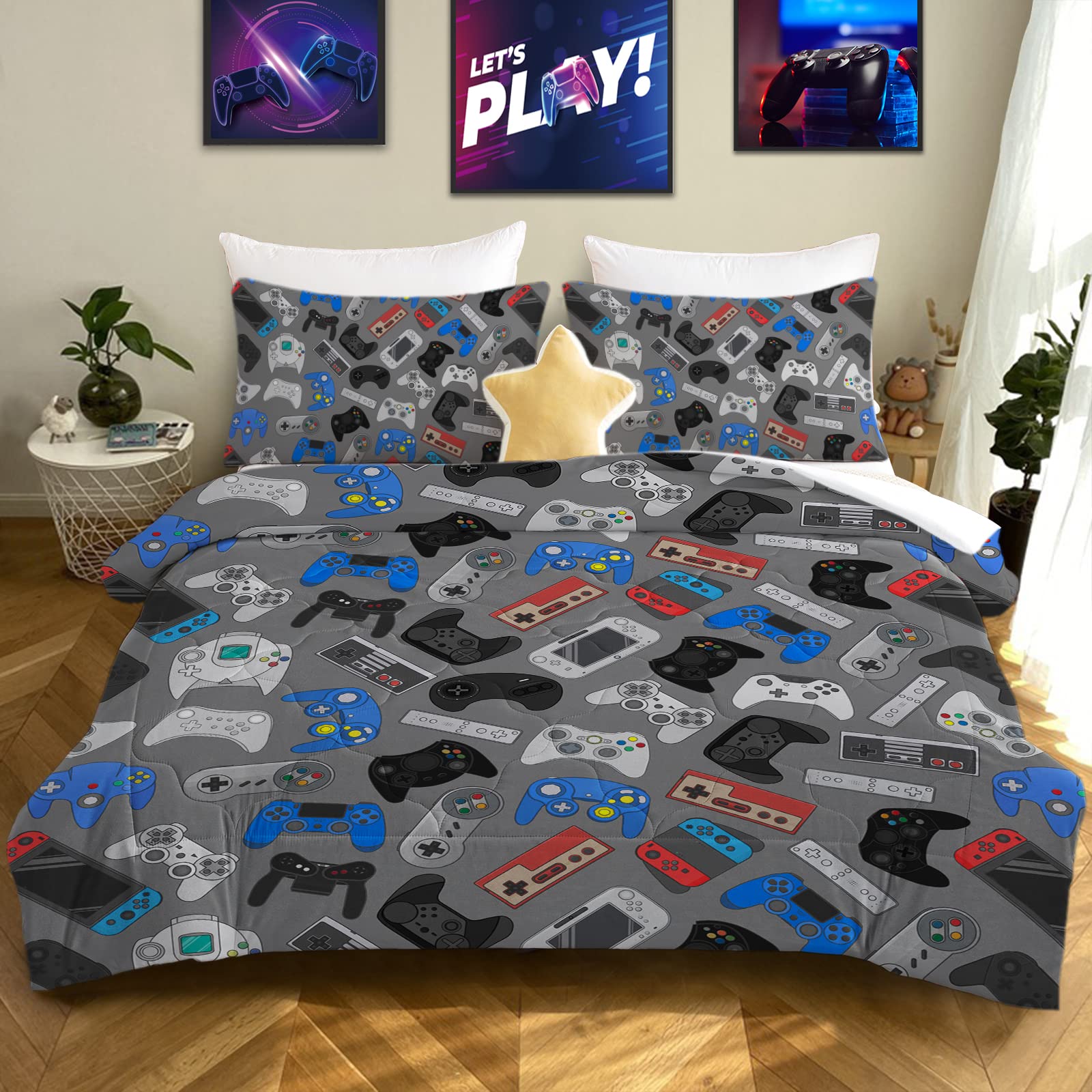 BEDMUST Full Size Gaming Comforter Set - Video Game Themed Bedding for Boys, Teens & Adults | Playstation Design | Grey Color | Perfect for Gaming Rooms & Teen Bedrooms