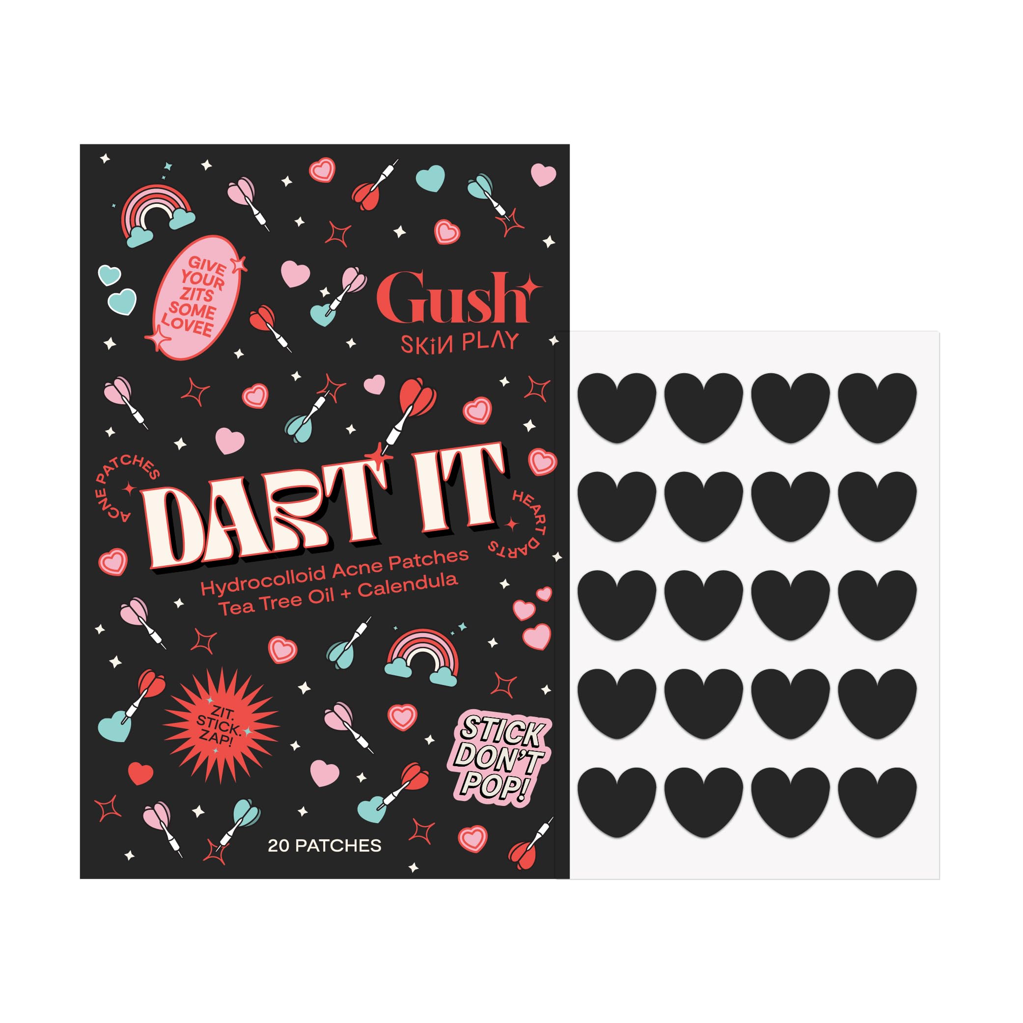 Gush Beauty Acne Pimple Patch - 20 Hydrocolloid Patches with Tea Tree Oil for Fast Acne Treatment | Reduces Pimples & Excess Oil Overnight | Suitable for All Skin Types (Black Heart) | Perfect for Oily Skin, Teen Acne & Post-Workout Breakouts