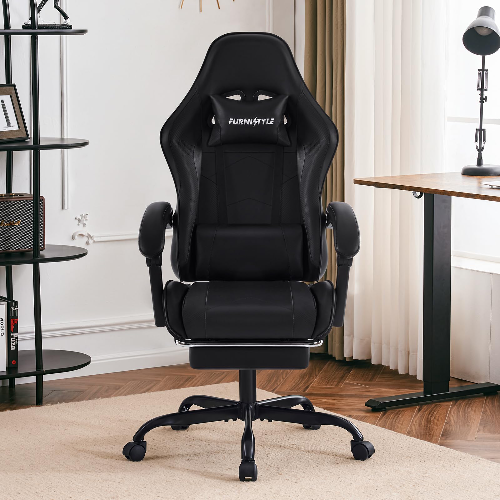 Ergonomic Gaming Chair with Footrest & Lumbar Support - Adjustable Reclining Swivel Office Chair for PC Gamers & Teens - High Back PU Leather Computer Desk Chair - Perfect for Esports, Streaming & Home Office Work