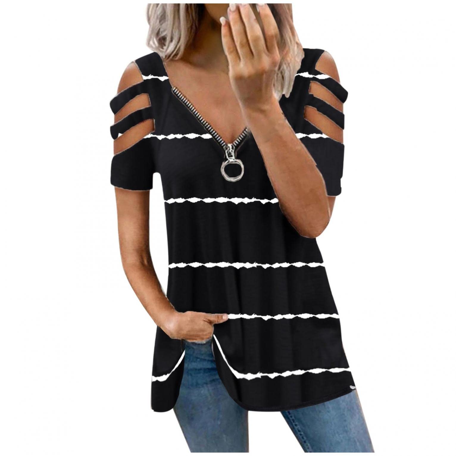 Women's Sexy Cold Shoulder Striped V-Neck Short Sleeve T-Shirt with Zipper Detail - Perfect for Summer Outfits, Beach Wear & Casual Dates