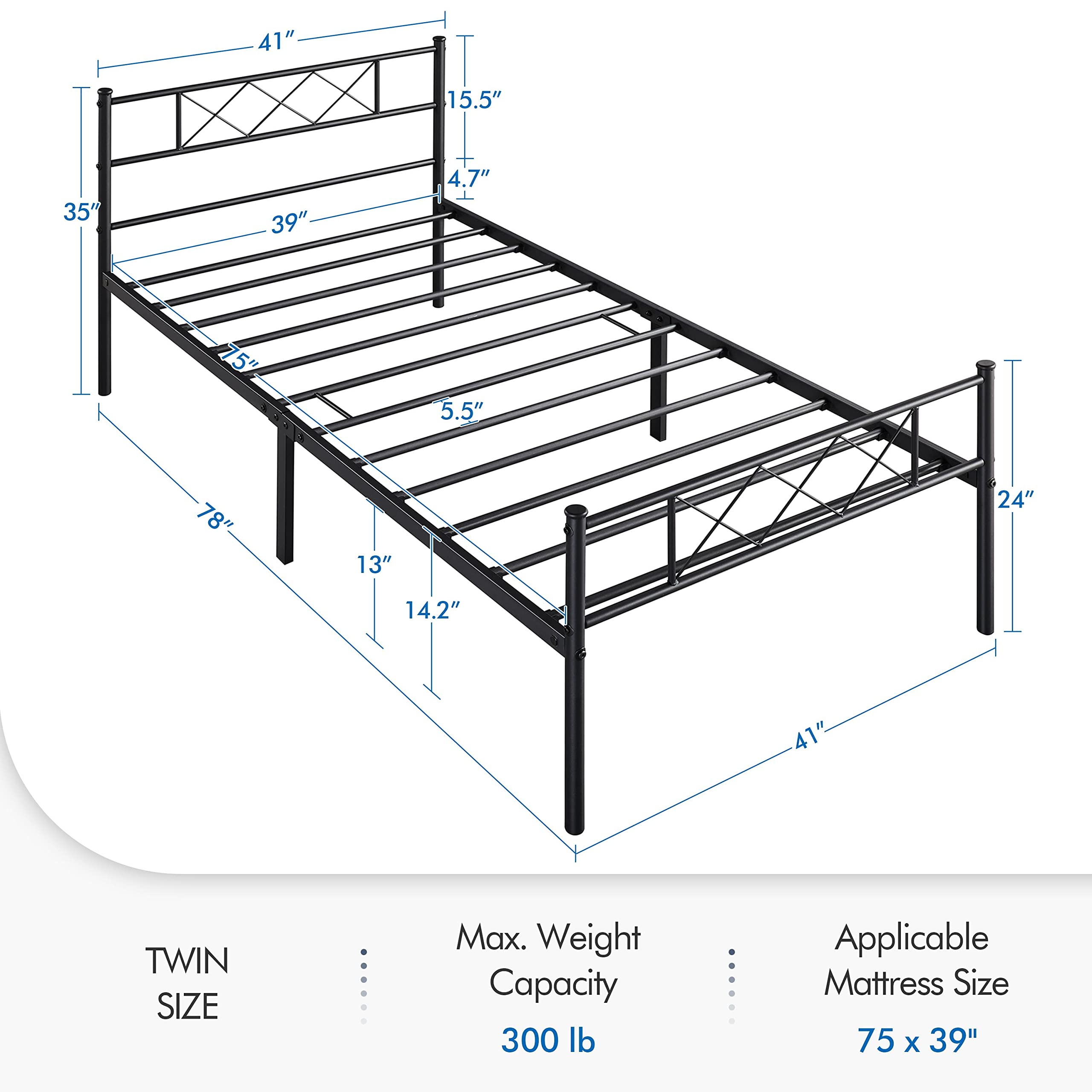 Topeakmart Twin Size Black Metal Bed Frame with Headboard - Sturdy Mattress Foundation, Platform Bed & Slatted Base for Bedroom, Guest Room, Dorm - Easy Assembly & Modern Design