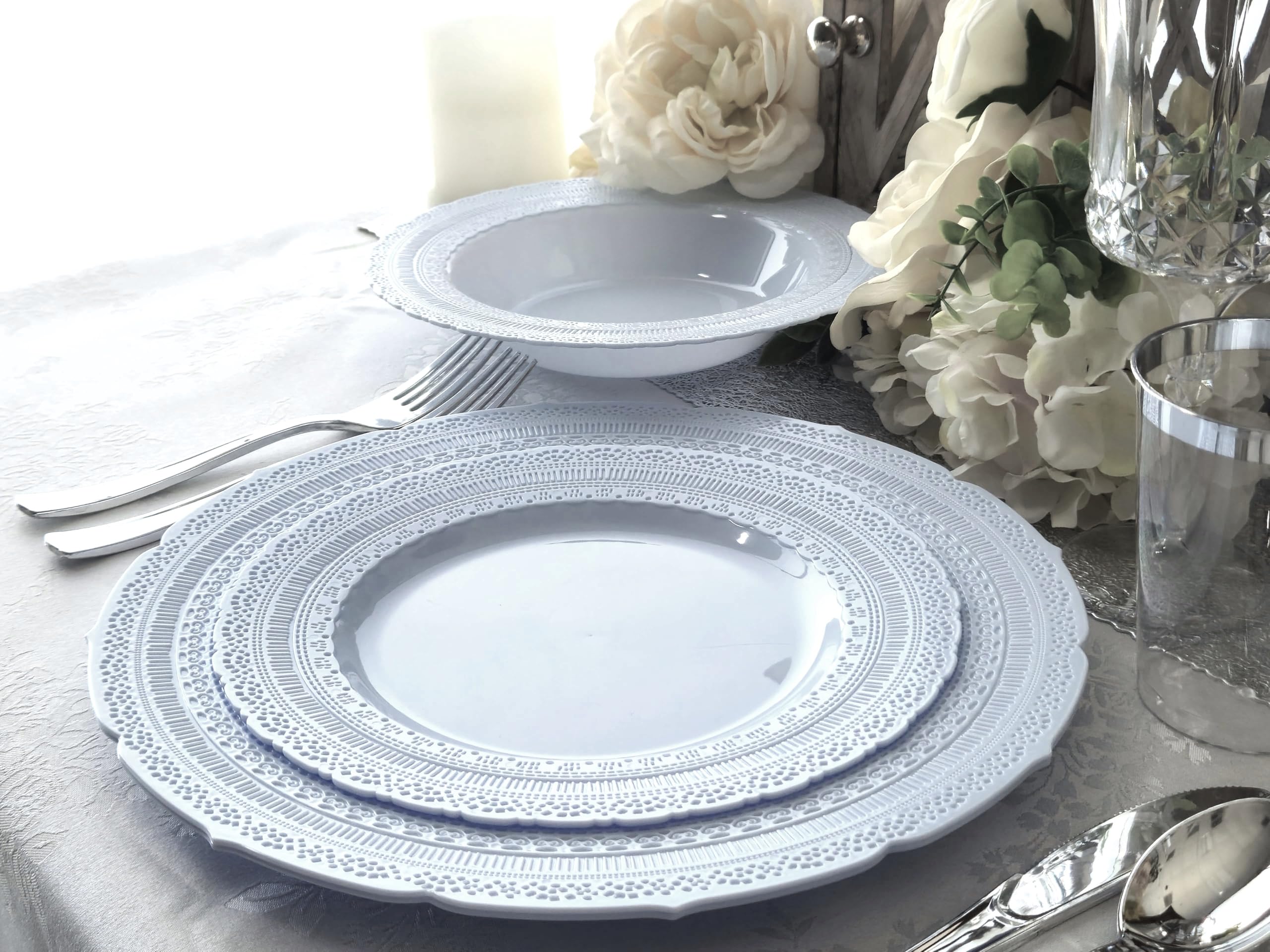 40-Piece Heavyweight Disposable Plastic Plates Set - Vintage Chateau Blue 14oz Soup Bowls for Weddings, Parties & Events | Durable Dinnerware for Catering, Picnics, BBQs & Family Gatherings