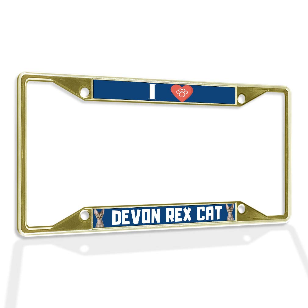 Premium Metal License Plate Frame with 'I Love Devon Rex Cat' Design - Weatherproof & Durable Car Accessory - Gold Finish with 4 Solid Holes - Perfect for Cat Lovers & Car Enthusiasts - Ideal for Show Cars, Daily Drivers & Gift Giving