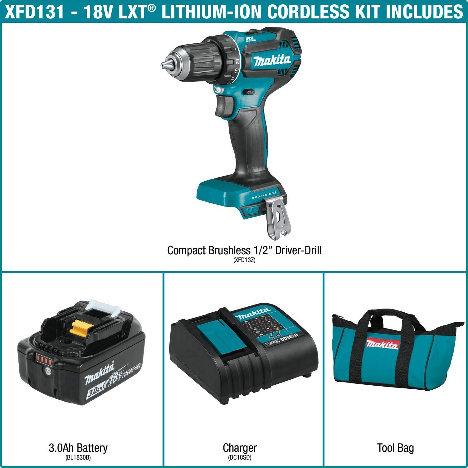 Makita XFD131 18V LXT® Brushless Cordless Drill Driver Kit with 1/2