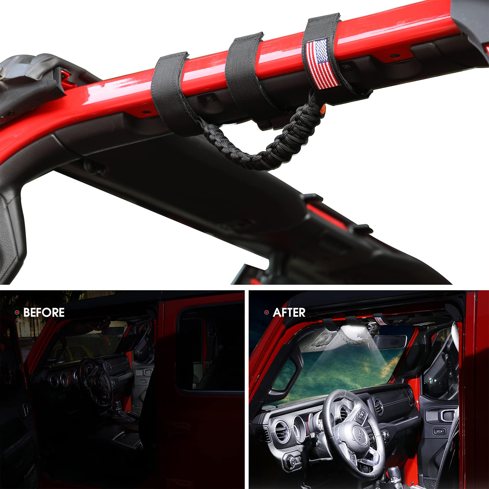 Jeep Wrangler Grab Handles with LED Light - 4 Pack Black Rechargeable Roll Bar Handles for TJ JK JL YJ Unlimited Rubicon Sahara & Gladiator JT (2/4 Door) - Perfect for Off-Roading, Camping & Nighttime Entry