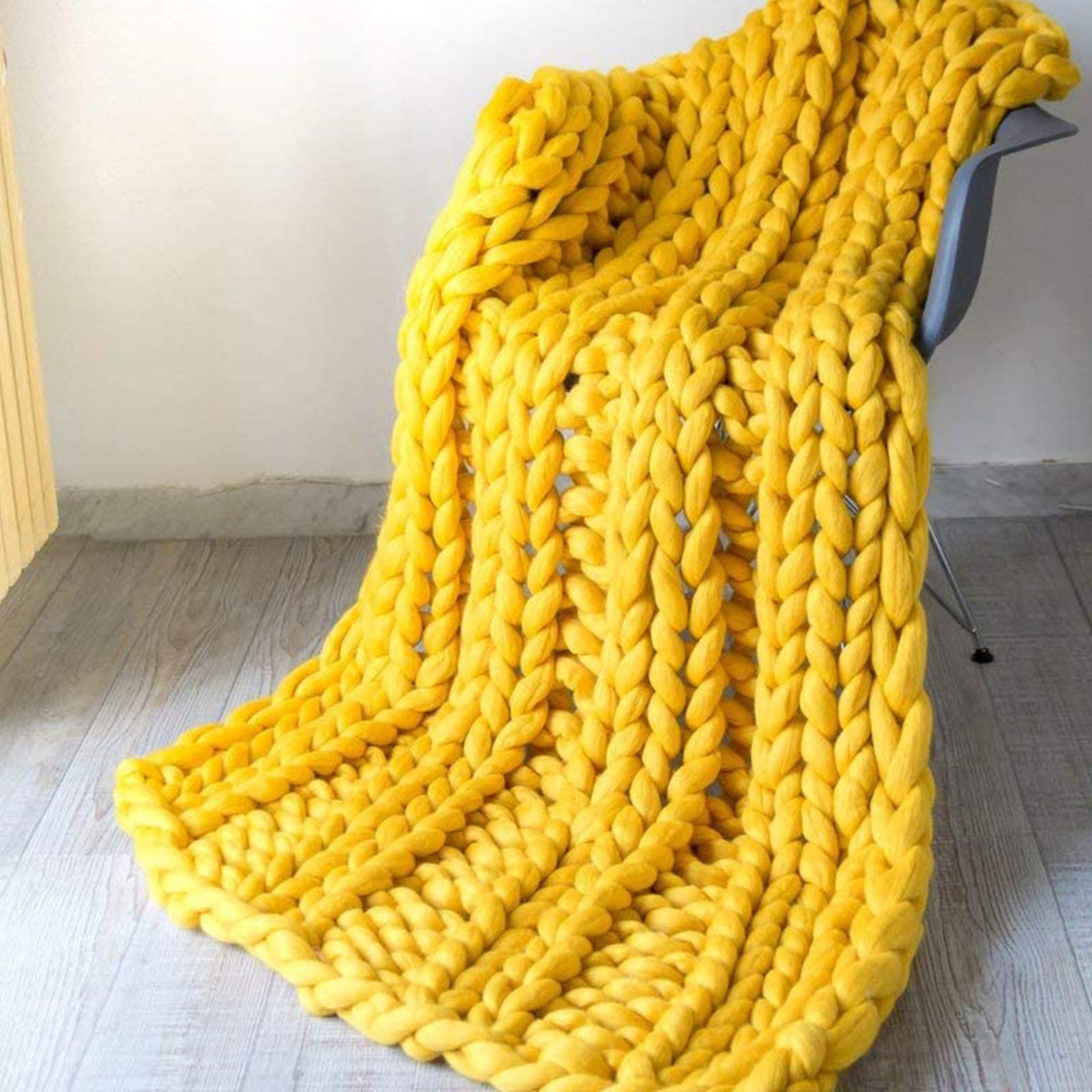 BWBG Handmade Chunky Knit Blanket - 80x80 Inch Oversized Yellow Weighted Throw for Adults, 6cm Wide Stitch Soft Cozy Blanket for Couch, Bed & Home Decor | Perfect for Winter Warmth, Stress Relief & Hygge Living