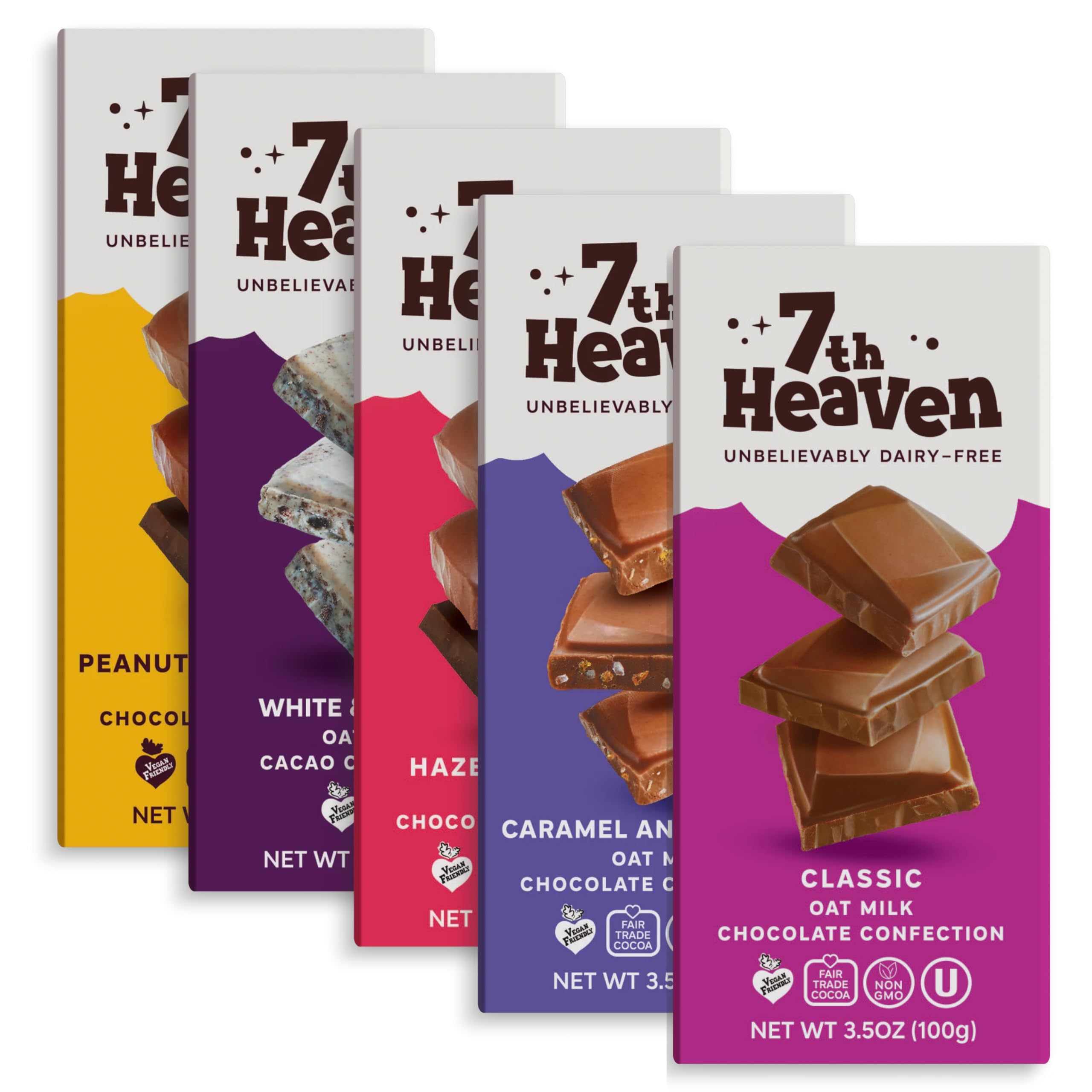 7th Heaven Vegan Oat Milk Chocolate Bar Variety Pack - 5 Flavors (Classic, Sea Salt Caramel, Cookies & Cream, Hazelnut Crunch, Peanut Butter) - 3.5oz Dairy-Free Candy Bars - Fair Trade, Kosher, Plant-Based Chocolate with Coconut Oil - Perfect for Easter Gifts, Vegan Desserts, Snacking & Holiday Treats
