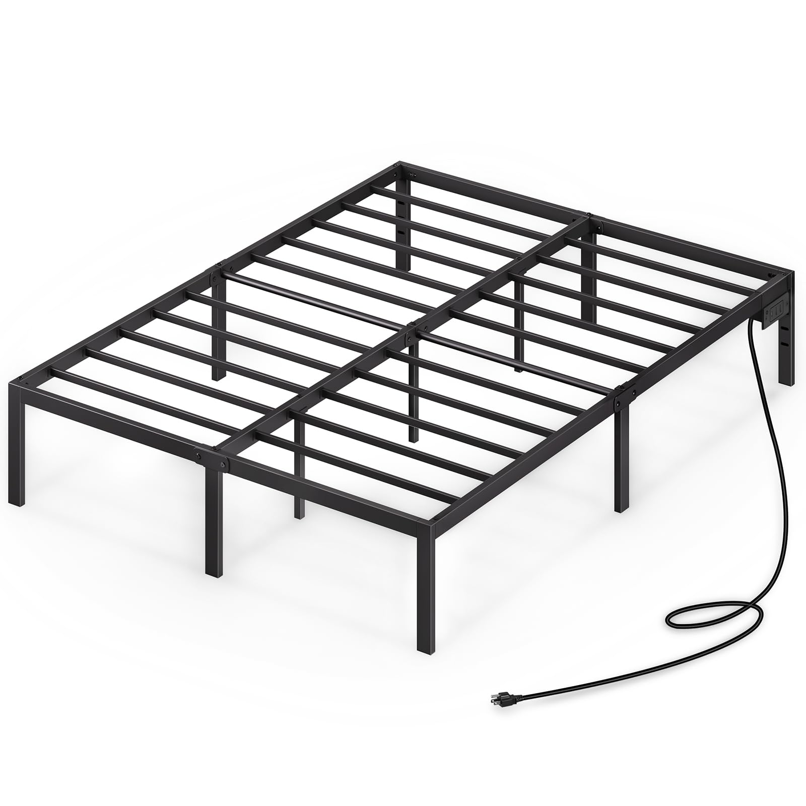 Rolanstar 14 Inch Metal Platform Bed Frame Queen Size with USB Charging Ports - Heavy Duty Steel Slat Support, No Box Spring Needed - Easy Assembly Black Bed Frame for Master Bedroom, Guest Room & Apartment