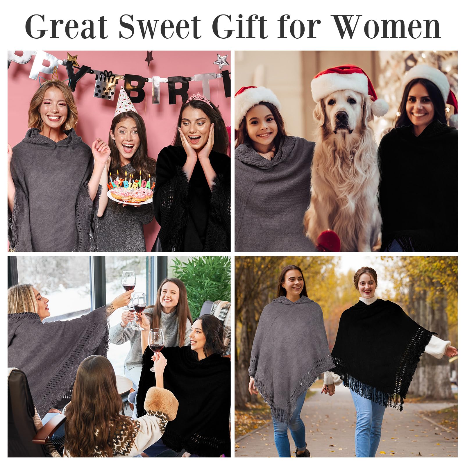 Liitrsh 2-Pack Women's Knitted Hooded Cape Poncho Sweaters with Fringed Hem - Cozy Crochet Pullover for Fall Fashion, Outdoor Activities & Casual Wear