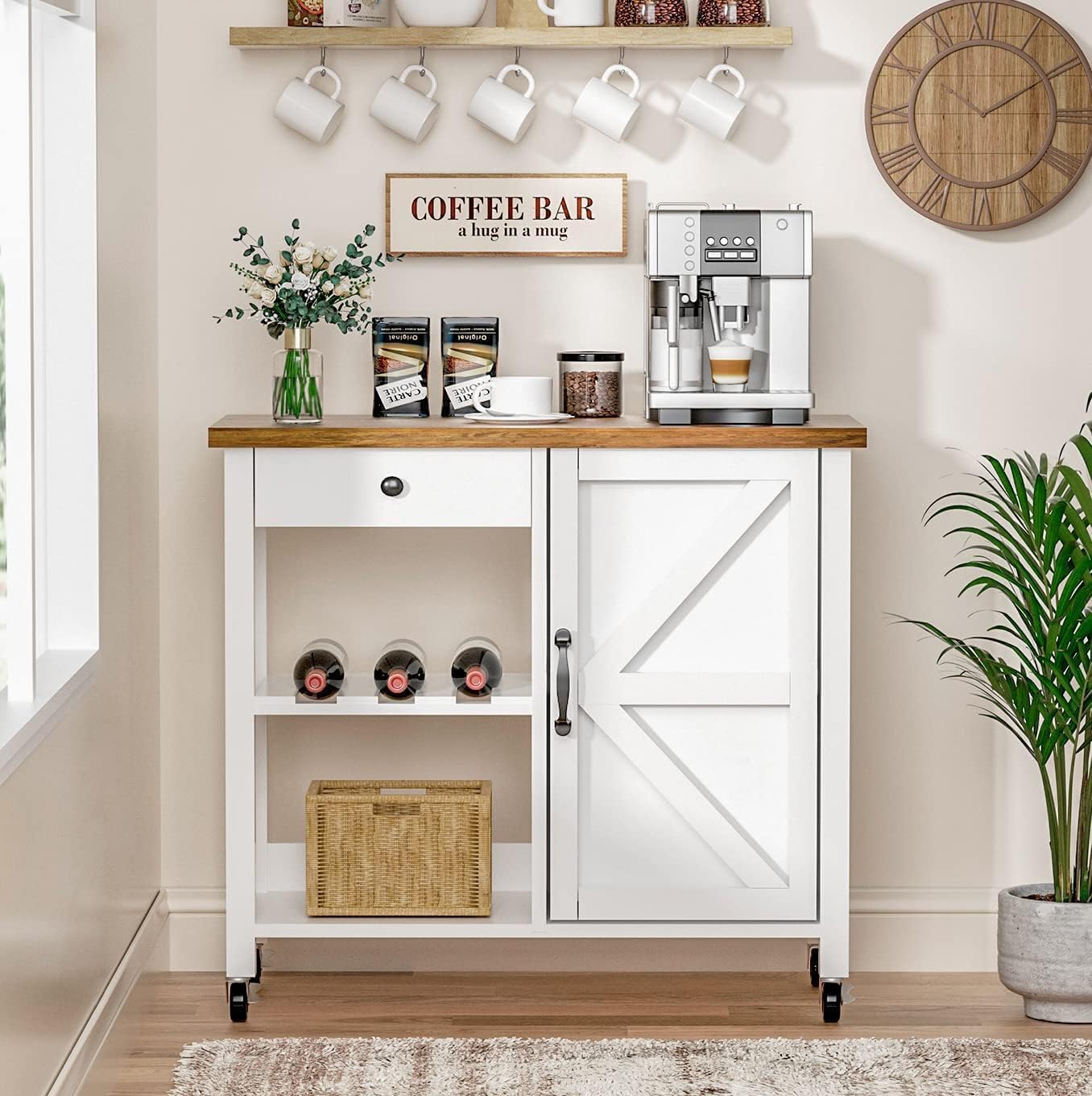 4 EVER WINNER Farmhouse Coffee Cart - Rolling Coffee Bar Cart with Storage Cabinet, Drawer & Adjustable Shelf, White Kitchen Island for Living Room, Dining Room & Kitchen - Perfect for Serving Coffee, Tea, Wine & Breakfast Snacks