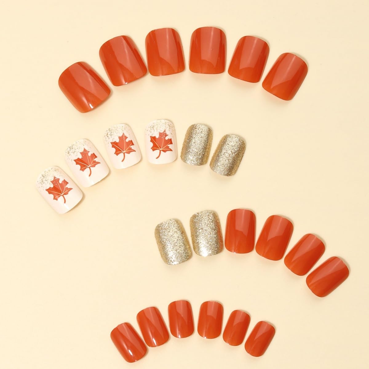 Short Square Press on Nails with Maple Leaf Design - Gold Glitter Foil Acrylic Fake Nails for Women | Fall & Thanksgiving Nail Art | Perfect for Autumn Parties, Holidays & Special Occasions