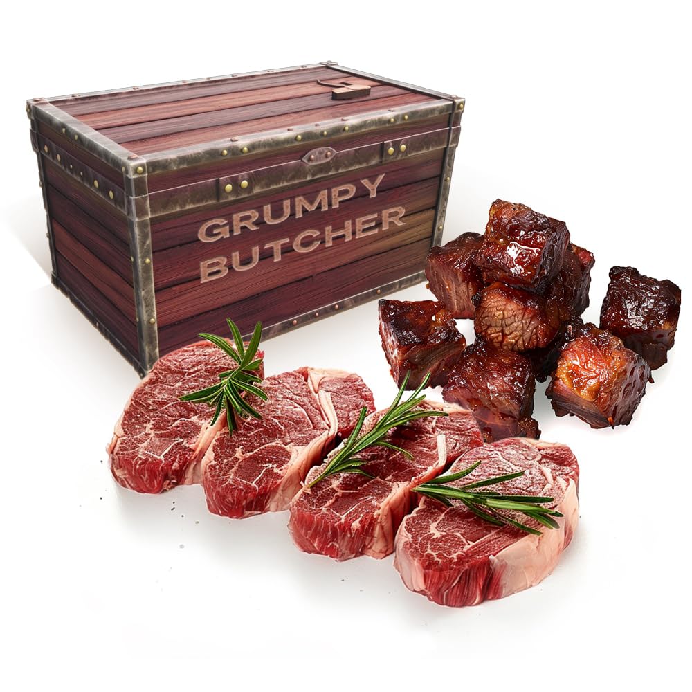 Premium Grumpy Butcher Sirloin Steaks & Smoked Beef Brisket Gift Box - 4 Top Sirloin Steaks & Burnt Ends - Perfect Steak Gift for Husband, Father's Day, Anniversary - Gourmet BBQ & Dinner Party Essential