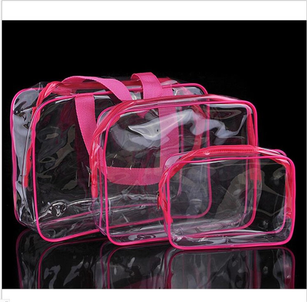3PCS Clear Cosmetic Bags Set - Waterproof PVC Travel Toiletry Organizer with Zipper Pouch | TSA Approved Makeup Case for Air Travel, Gym & Daily Use (Red)