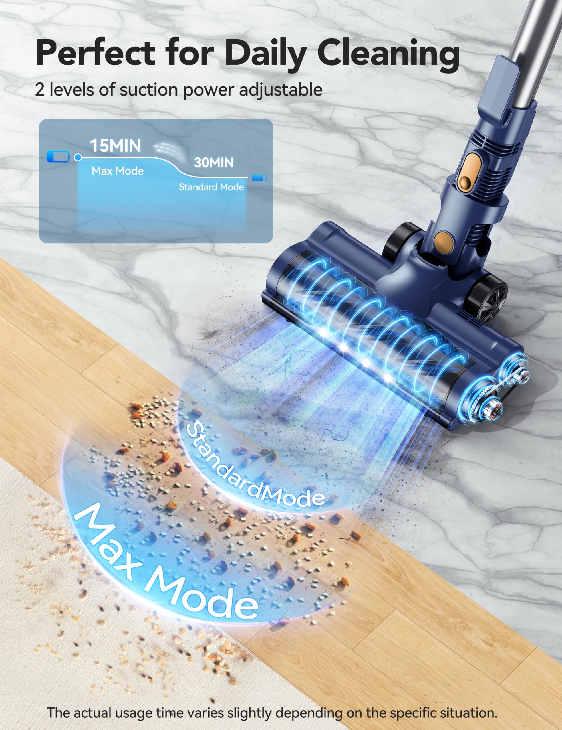 Powerful 23Kpa Cordless Stick Vacuum Cleaner with 1.3L Large Dustbin - 2 Cleaning Modes, 30 Min Runtime for Pet Hair, Hardwood Floors & Carpets | Rechargeable Lightweight Vacuum for Quick Home Cleaning (Blue)