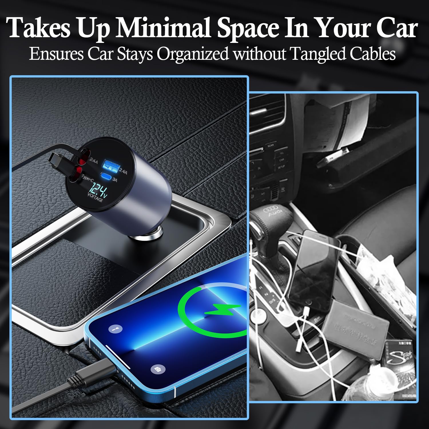 GOBGOD 4-in-1 Retractable Car Charger with USB-C & Fast Charging - Compatible with iPhone 15/14/13/12/11, iPad, Galaxy S23/S22/S10 - Perfect for Road Trips & Daily Commute (Round Design)