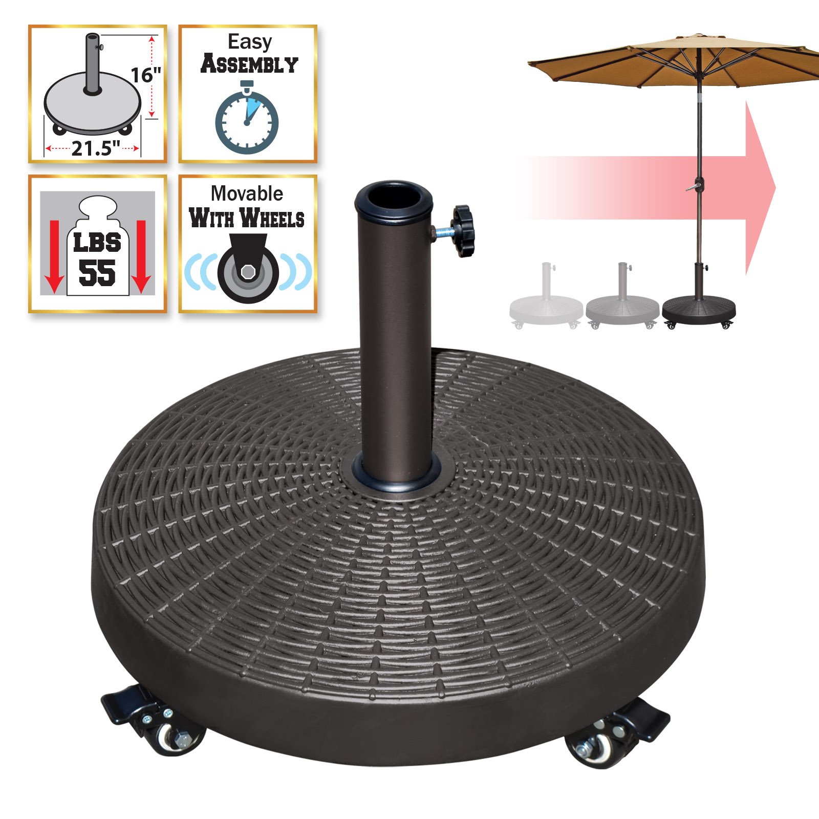Heavy-Duty Resin Patio Umbrella Base with Wheels - Weighted Outdoor Market Umbrella Stand for Stability | Perfect for Backyard, Deck, Poolside & Patio Furniture Protection