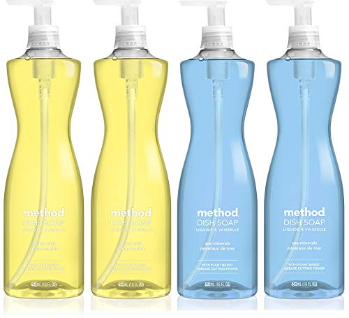 Method Dish Soap Pump 18oz Variety Pack - Lemon Mint & Sea Minerals (2 Pack Each) | Eco-Friendly Kitchen Cleaner for Sinks, Dishes & Countertops