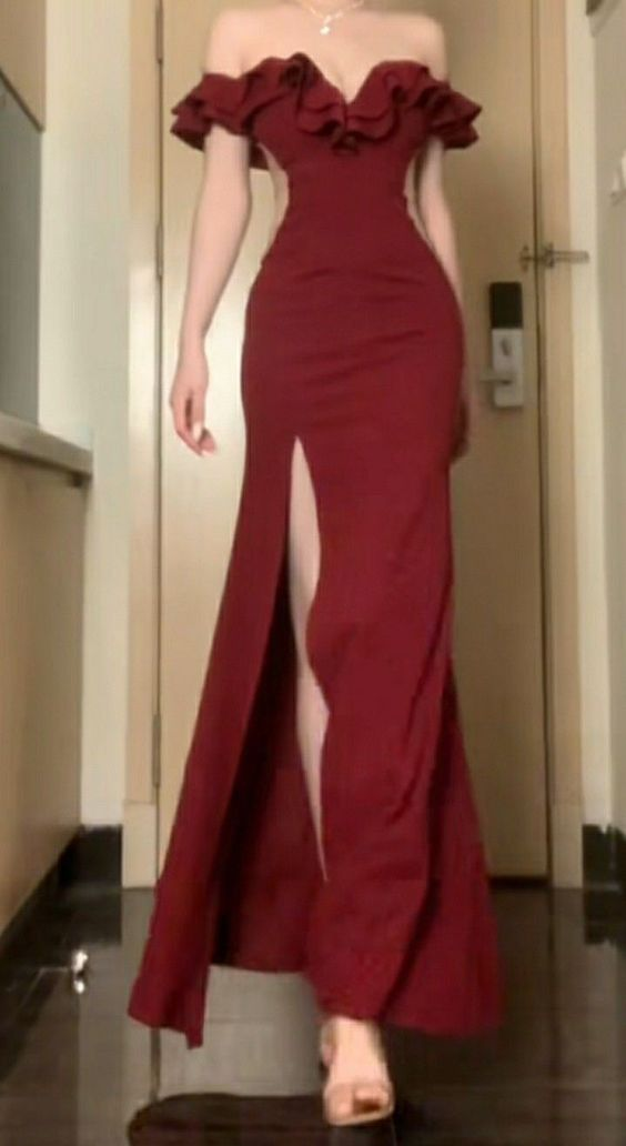 Elegant Off-The-Shoulder Red Mermaid Prom Dress with High Slit - Formal Evening Gown J4961 for Homecoming, Wedding & Special Occasions