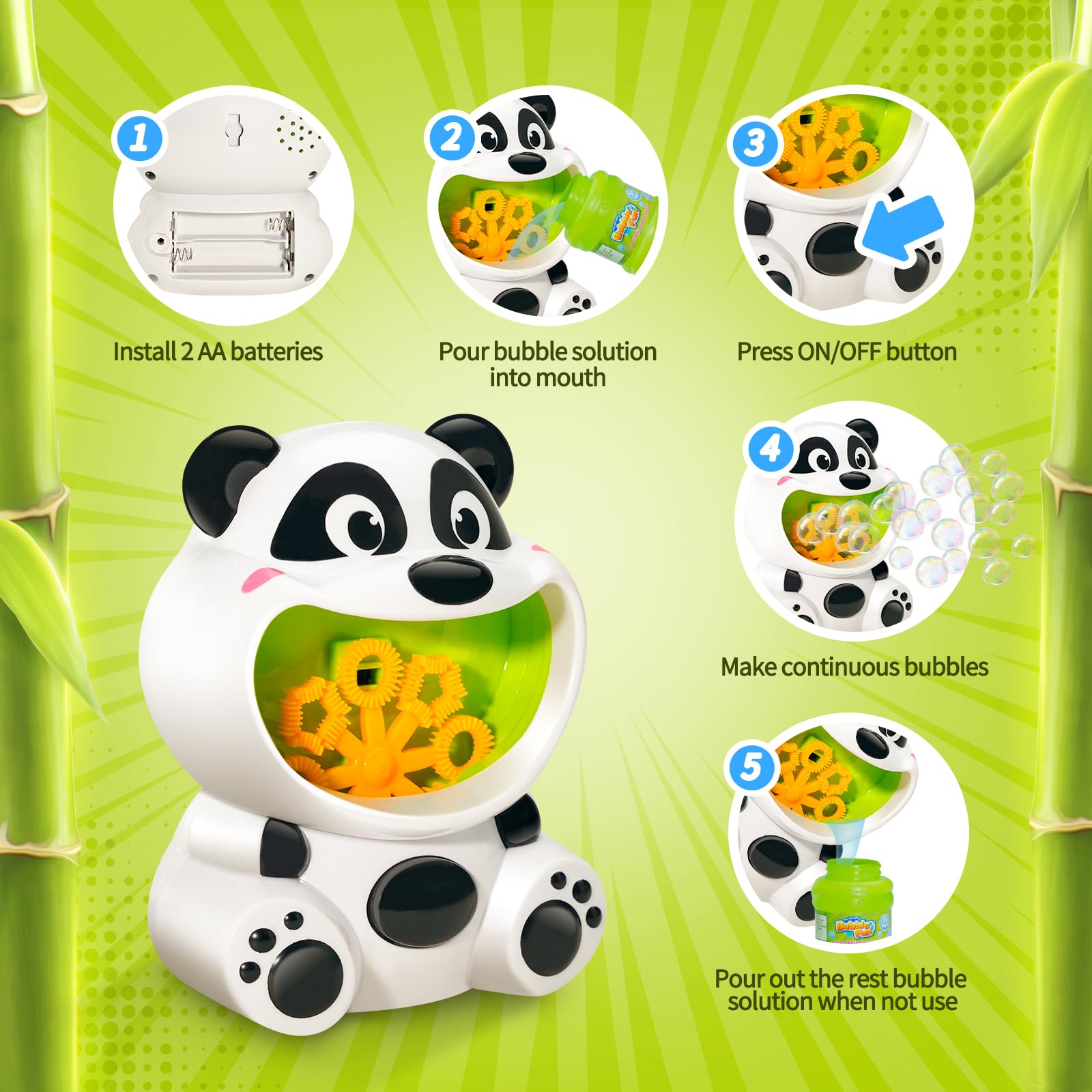 Panda Bubble Blower Machine for Kids - Automatic Bubble Maker Toy with 4oz Bubble Solution, Perfect Outdoor Birthday Party Favors, Summer Backyard Games & Toddler Gifts for Ages 1-3 Years Old