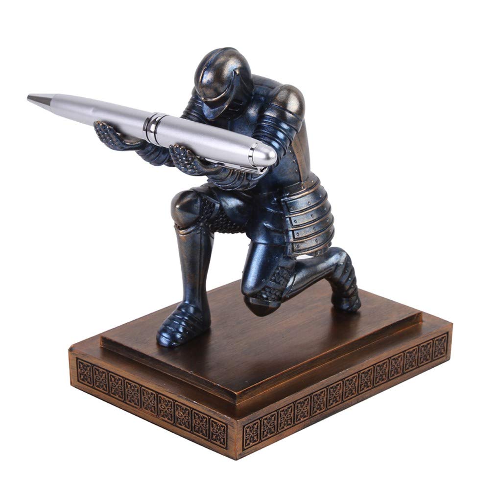 Knight Pen Holder - Resin Desk Organizer with Cool Pen, Office & Home Decor Gift (Blue) | Perfect for Workstation, Study Table & Gamer Setup