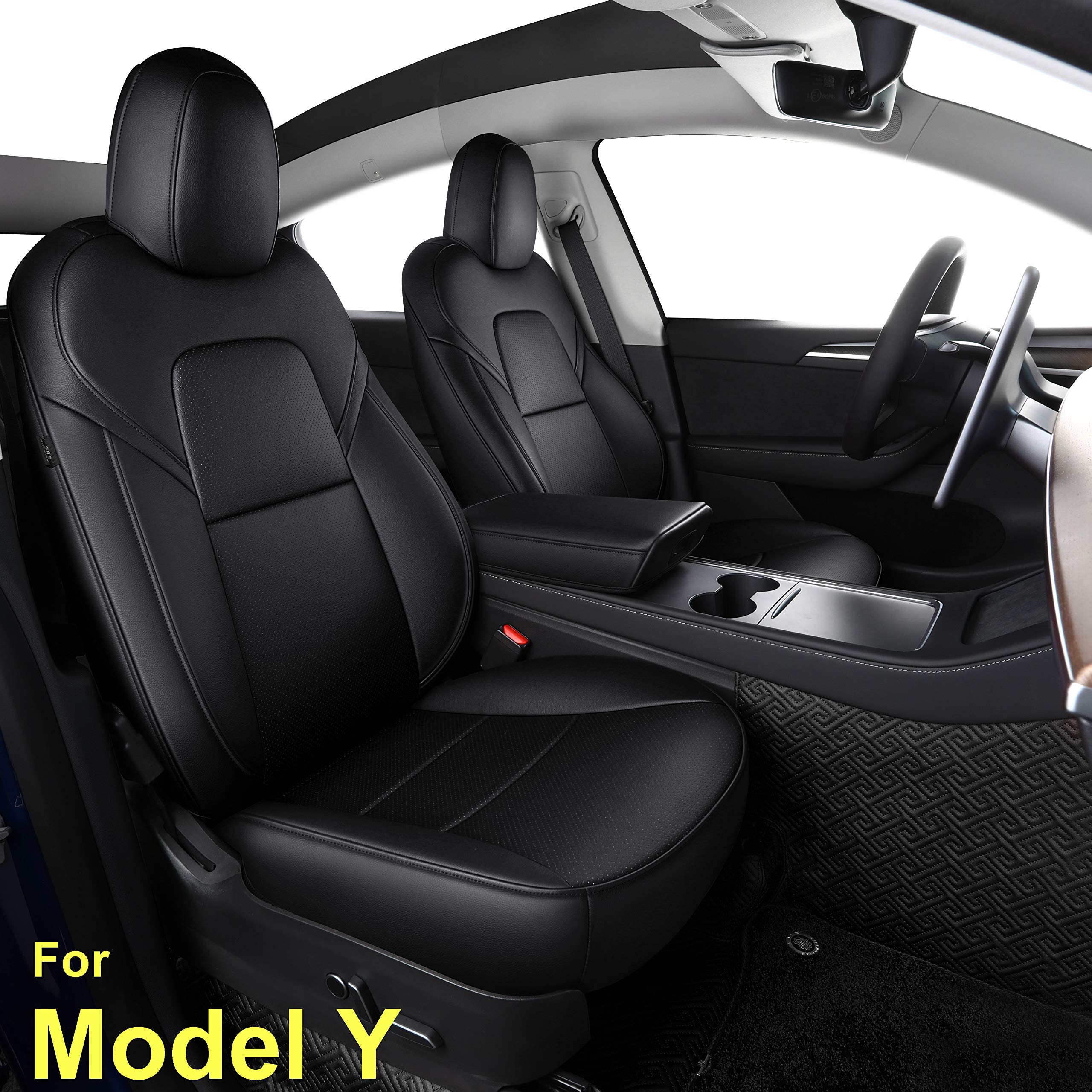 Premium Custom Fit Tesla Model Y Seat Covers (2020-2024) - Synthetic Leather Car Seat Protectors - Lichi Black - Perfect for Road Trips & Daily Commutes