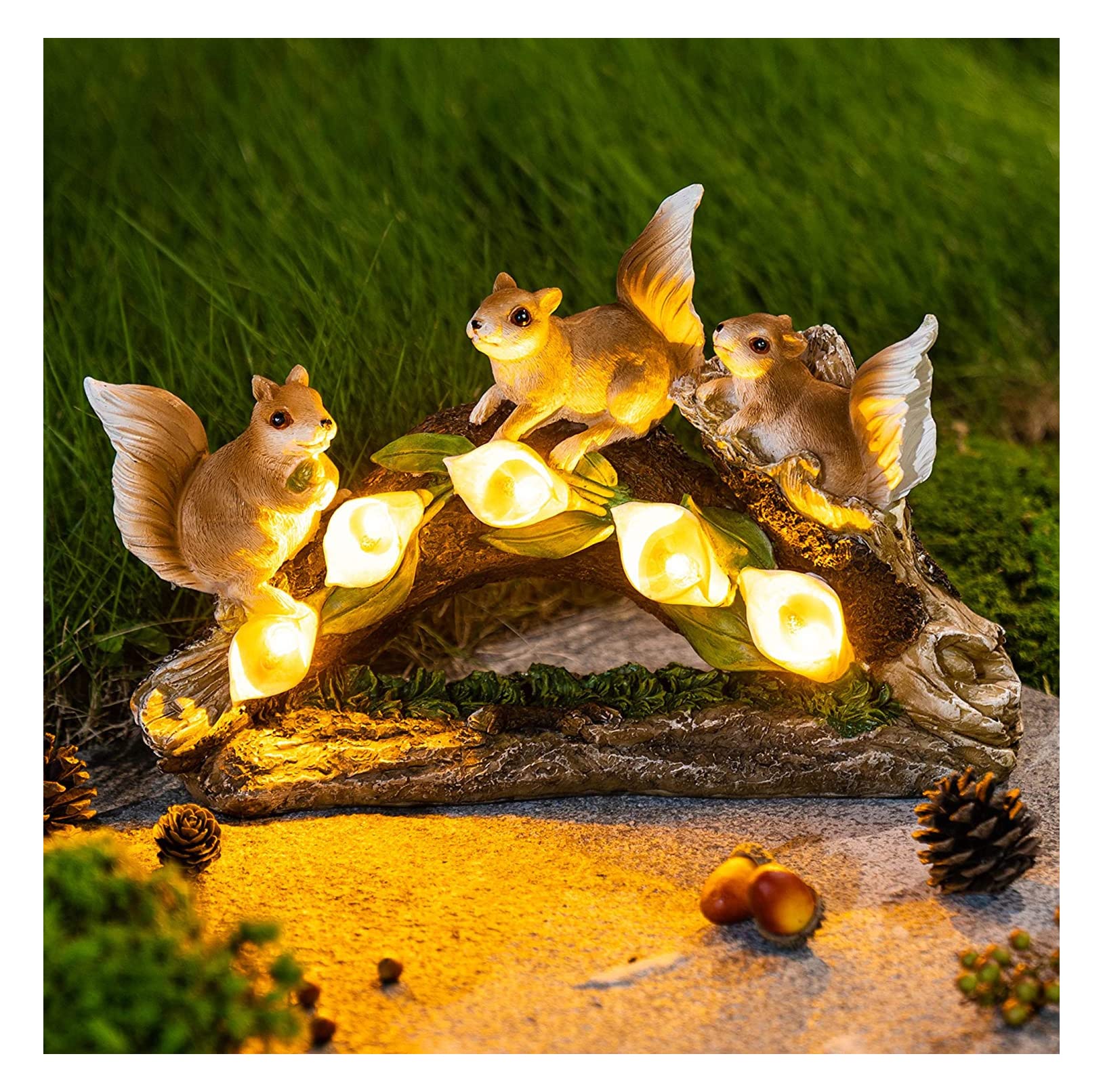 Solar-Powered Garden Squirrel Figurine with 5 LED Calla Lily Lights - Waterproof Outdoor Decor Statue for Fall & Winter - Perfect Gift for Patio, Lawn, Yard, Housewarming & Thanksgiving - Ideal for Garden, Pathway, and Porch Lighting Decorations