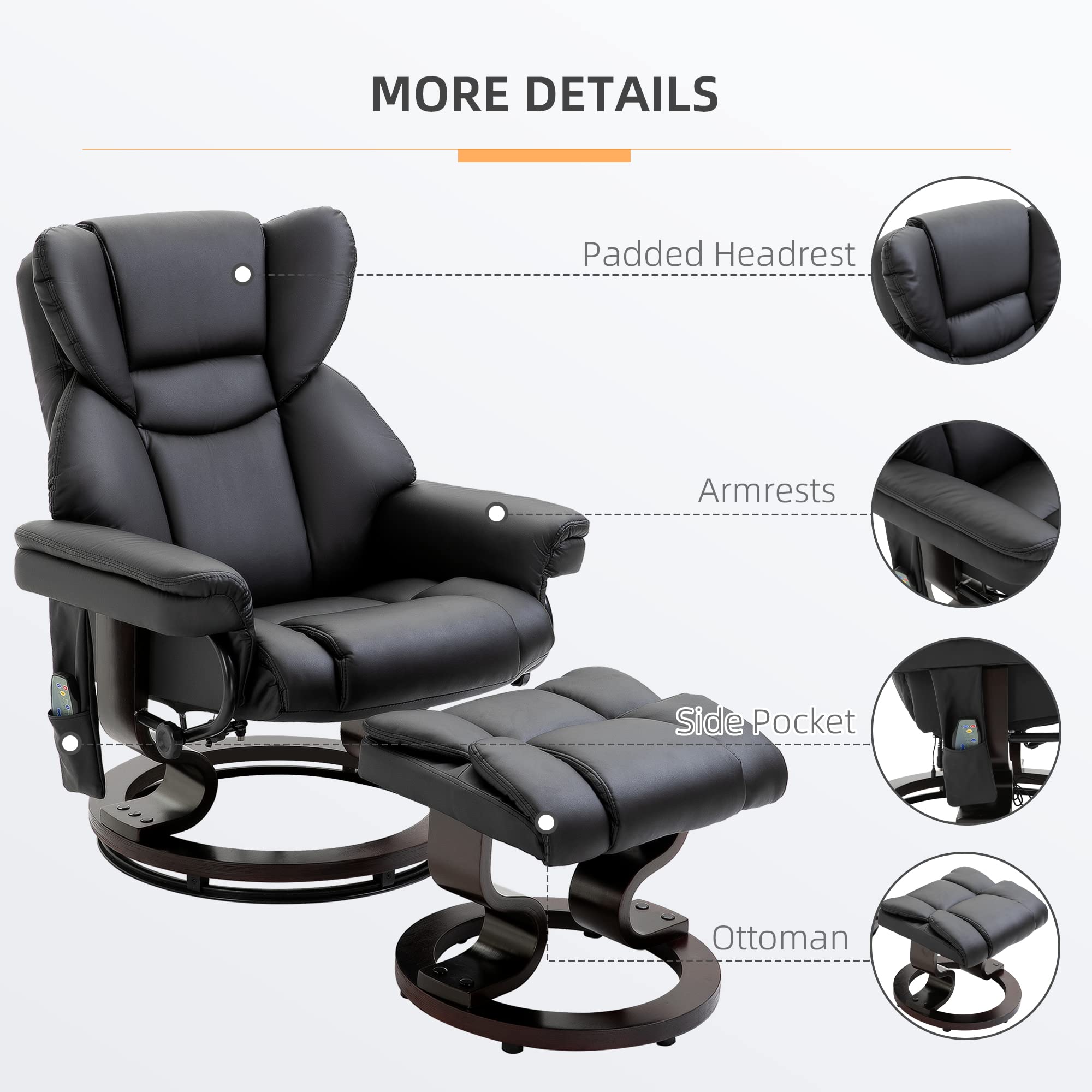 HOMCOM Massage Recliner Chair with Ottoman Footrest - 10 Vibration Points, 360° Swivel Reclining Living Room Chair - Faux Leather with Side Pocket & Remote Control - Black - Perfect for Relaxation, Home Theater & Living Room Comfort