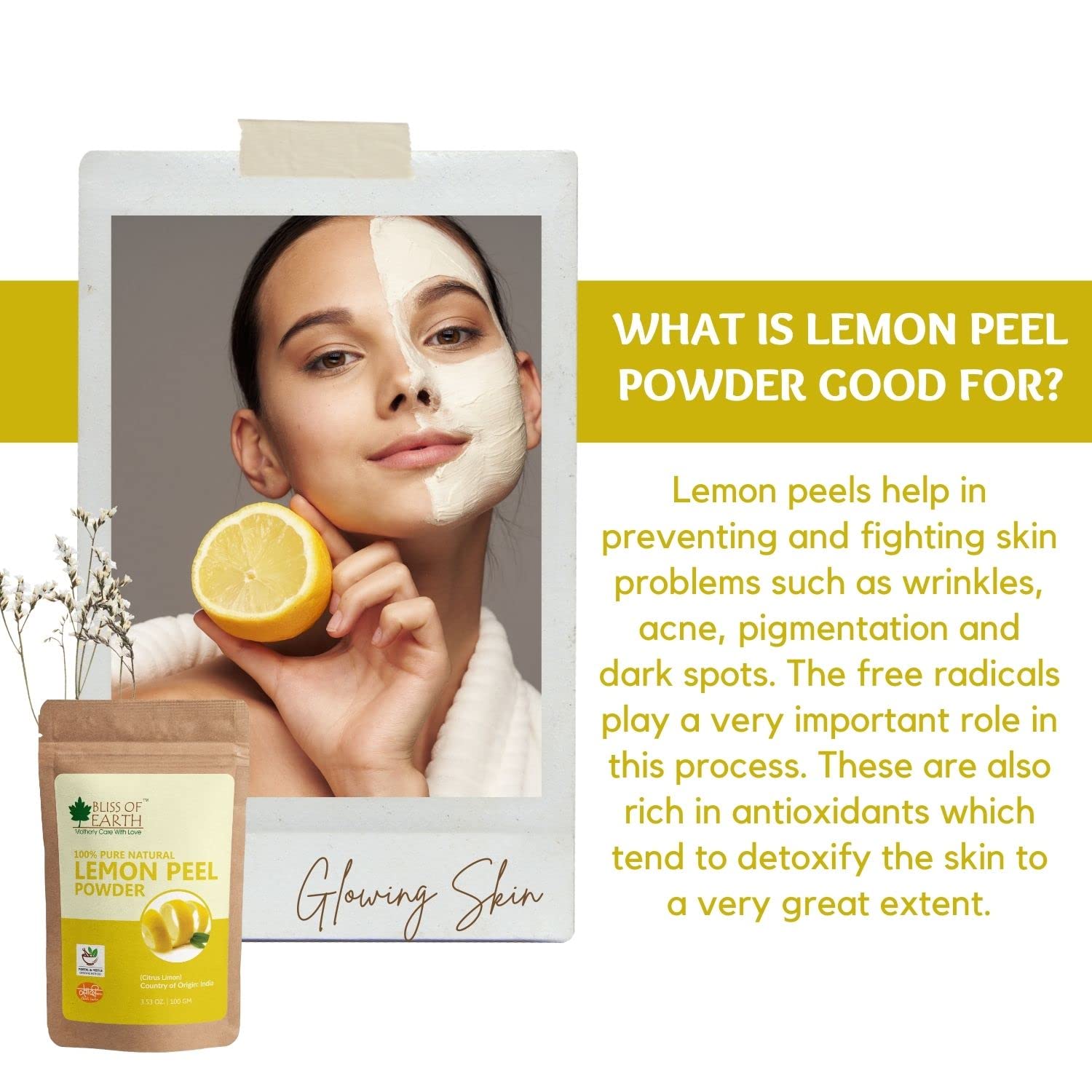 Bliss of Earth® 100% Pure Lemon Peel Powder for Skin Brightening, Acne Treatment & Face Care (100g) - Natural Exfoliator for Glowing Skin, DIY Face Masks & Homemade Beauty Recipes